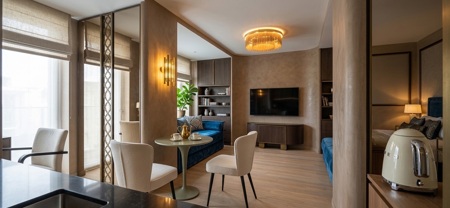An incredibly lifelike, richly detailed, photorealistic wide-angle interior shot of a luxurious Moroccan-inspired dining and lounge suite set in an opulent urban apartment. The scene is illuminated by warm, ambient golden glows from sculpted brass sconces and a statement fringe chandelier, balanced by soft daylight diffusing through linen Roman shades, creating an exotic, sensual, and vibrantly sophisticated atmosphere. Captured with a professional 35mm architectural lens, emphasizing deep jewel tones, tactile velvets, and ornate metal finishes, the composition flows seamlessly from a sleek foreground counter into an intimate dining nook centered around a sage-toned pedestal table elegantly styled with a polished tea service and porcelain cups, flanked by tailored neutral chairs. An architectural archway clad in rich warm-toned plaster frames the adjoining living zone, highlighting a curved media wall with a low-profile console, while the cozy adjacent alcove features a sumptuous sapphire-blue velvet daybed adorned with ornate patterned cushions, flanked by geometric wall art, bespoke shelving styled with photography books and artisanal ceramics, and a lush potted indoor plant that infuses the richly layered Middle Eastern aesthetic with fresh natural vitality.