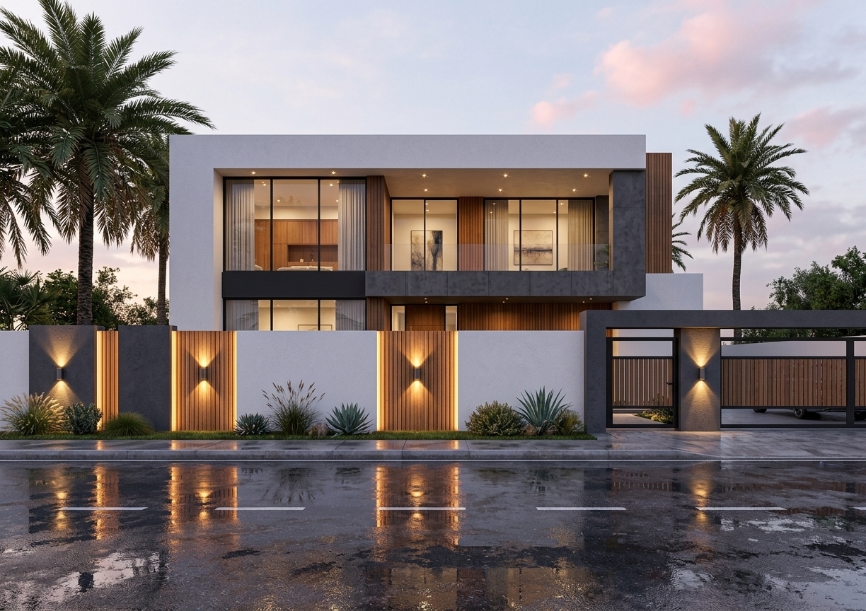 An incredibly lifelike, richly detailed, photorealistic wide-angle eye-level architectural shot of a contemporary luxury villa exterior set in an upscale tropical residential neighborhood. The scene is illuminated by the soft, diffused ambient light of a tranquil twilight sky paired with warm 3000K architectural wall sconces and radiant interior luminescence, creating an inviting, sophisticated, and serene atmosphere. Captured with a high-resolution full-frame camera and a 24mm tilt-shift lens to preserve precise vertical lines, emphasizing the tactile textures of matte white stucco, dark charcoal concrete panels, rich natural teak wood slats, and mirror-like wet asphalt reflections.

The two-story residence showcases a harmonious mid-century modern-inspired architectural language defined by bold, geometric rectilinear forms, clean linear framing, and an organic interplay of materials. The upper level features a prominent white rendered portal frame that encloses deep-set floor-to-ceiling glass sliders, beautifully accented by warm horizontal timber paneling that brings natural warmth to the sleek facade. A recessed upper balcony offers depth and shadow, seamlessly connecting the interior to the outdoors.

In the foreground, a rhythmic perimeter privacy wall constructed with textured charcoal-grey pillars and alternating backlit vertical wood-slat inserts lines the property. Each pillar is equipped with an integrated modern sconce that casts striking up-and-down cones of golden light, illuminating neat clusters of drought-tolerant ornamental grasses, agaves, and low-lying shrubs along the sidewalk. To the right, an integrated gate structure provides glimpses of a vehicle parked in the private driveway. 

Visible through the transparent, anti-reflective glazing, the spacious interiors reveal an uncluttered, curated aesthetic featuring warm teak and walnut cabinetry, subtle abstract wall art in muted earth tones, and vibrant indoor foliage bathed in soft ceiling spotlights. Soaring palm trees frame the building against a pastel evening sky adorned with soft pink-tinted clouds, while the rain-slicked asphalt street in the foreground crisply mirrors the rhythmic golden light sources in fluid, realistic ripples, adding profound depth and atmosphere to the overall composition.