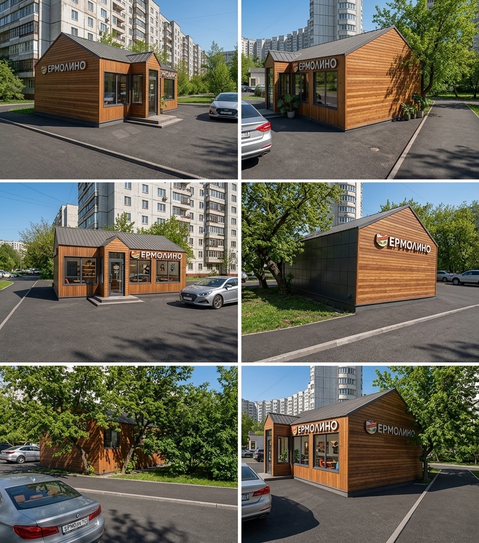 An incredibly lifelike, richly detailed, photorealistic wide-angle exterior shot of a sleek mid-century modern boutique restaurant pavilion set in a revitalized urban landscape in the heart of spring. The scene is illuminated by bright, crisp midday daylight filtered gently through lush, blossoming greenery, creating an inviting, sophisticated, and timeless atmosphere. Captured with a medium-format camera paired with a sharp 35mm architectural tilt-shift lens, emphasizing the rich grain of horizontal teak cladding, clean steel-trimmed joints, and large, crystal-clear glass windows. The building reinterprets the original modular, dual-gabled silhouette through a minimalist, functional aesthetic, pairing warm organic wood with smooth charcoal-gray facade panels. Looking through the expansive floor-to-ceiling vitrines, the uncluttered, stylish dining interior is fully visible, featuring iconic walnut and teak furniture, sculptural retro seating, and vibrant abstract wall art in curated shades of burnt orange, muted blue, and warm earth tones. Potted indoor plants like monsteras and fiddle-leaf figs enhance the lively interior, while the clean exterior is framed by newly paved dark asphalt, manicured spring landscaping, and mature deciduous trees, presenting a quintessential blend of retro charm and modern architectural elegance fit for a high-end photography book.