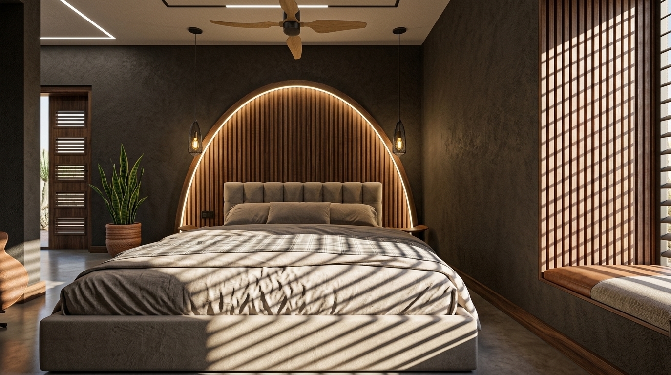 An incredibly lifelike, richly detailed, photorealistic eye-level architectural shot of a modern minimalist bedroom set in a tranquil desert retreat. The scene is illuminated by bright midday sunlight filtering through window blinds to cast striking linear shadow patterns across the low-profile platform bed, beautifully balanced by the warm ambient glow of an integrated LED arch framing the fluted headboard, creating a tranquil, sun-drenched atmosphere. Captured with a professional 35mm architectural lens, emphasizing key textures and details such as the dark textured plaster accent wall, vertical fluted paneling, soft woven linens in soothing neutral tones, and the deep contrast of the sunlit window nook, embodying an earthy, sophisticated sanctuary.