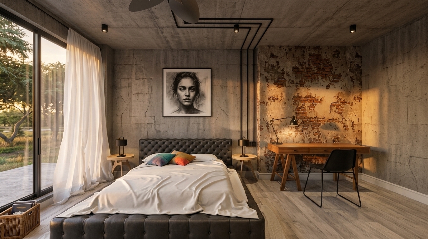 An incredibly lifelike, richly detailed, photorealistic wide-angle interior photograph of an industrial loft bedroom set in a secluded, nature-facing modern residence. The scene is illuminated by the warm, golden glow of a fading sunset filtering through floor-to-ceiling sliding glass doors, harmonized with the subtle, focused radiance of black minimalist downlights and bedside lamps, creating an intimate, rugged, yet sophisticated atmosphere. Captured with a professional full-frame camera paired with a 24mm architectural tilt-shift lens, emphasizing the tactile contrast between the weathered concrete surfaces, distressed brick accent wall with peeling plaster, and exposed black geometric electrical conduits along the raw ceiling. A low-profile tufted charcoal leather bed dressed in soft white sheets and vibrant accent pillows serves as the room's centerpiece, complemented by round wooden nightstands, a streamlined mid-century study desk with an adjustable task lamp, and light ash-toned plank flooring softened by sheer, billowing drapery.
