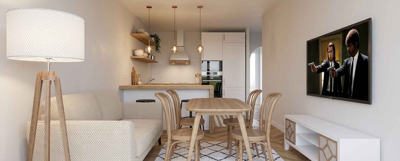 The photo captures a brightly rendered, open-plan interior design, meticulously blending kitchen, dining, and living spaces with a modern, clean aesthetic that evokes a serene, almost coastal breeze-like atmosphere. The kitchen, positioned towards the back, features sleek white Shaker-style cabinetry, seamlessly integrating a black built-in oven and microwave, while a warm, light wooden countertop with an undermount sink functions as both a prep area and a breakfast bar. Above this, delicate glass globe pendant lights hang in a linear arrangement, complementing two minimalist wooden floating shelves and a white and wood-accented range hood, all set against crisp white walls. The flooring throughout the common area is a beautiful, light-toned wood laid in a classic herringbone pattern, adding a touch of timeless elegance. In the foreground, a comfortable, textured cream sofa with plump cushions invites relaxation, flanked by a contemporary tripod floor lamp with a large, textured white shade. A robust wooden dining table, surrounded by six elegantly curved back wooden chairs, occupies the central space, grounding the room. A wall-mounted television displays a scene on the right, positioned above a white media console featuring decorative wooden lattice details. An arched doorway in the background suggests a continuation of the open flow, contributing to the airy, inviting ambiance of this thoughtfully designed home, which feels fresh and light, as if subtly touched by a gentle coastal air, perfectly balancing functionality with minimalist charm.
