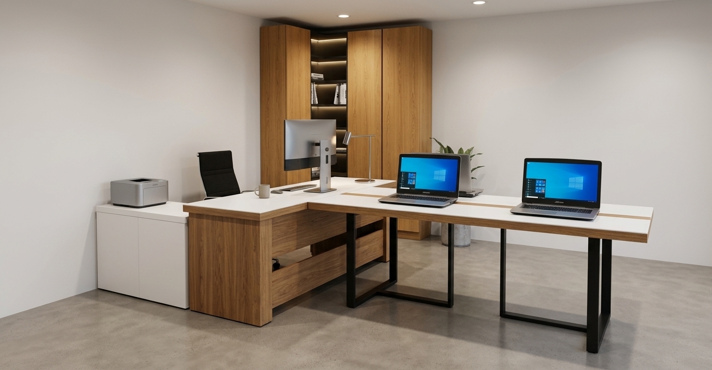 An incredibly lifelike, richly detailed, photorealistic eye-level shot of a contemporary workstation set in a sleek, modern office interior. The scene is illuminated by balanced, soft ambient ceiling lighting paired with subtle warm architectural accents, creating a focused, highly professional atmosphere. Captured with a 35mm architectural lens, emphasizing the rich, organic grain of the warm oak veneer, the clean satin sheen of the white composite tabletops, and the fine powder-coated finish of the matte-black steel structural legs. The layout features an integrated L-shaped configuration with a solid timber-faced executive desk connected seamlessly to an extended workstation table, complete with two active laptops and a minimalist widescreen monitor showing soft, lifelike screen glows. In the corner, a full-height honey-toned storage unit frames dark central shelving, complemented by a low-profile white storage unit on the far left, while a sleek ergonomic chair rests behind the main desk atop a seamless, smooth neutral floor with authentic soft-drop contact shadows.
