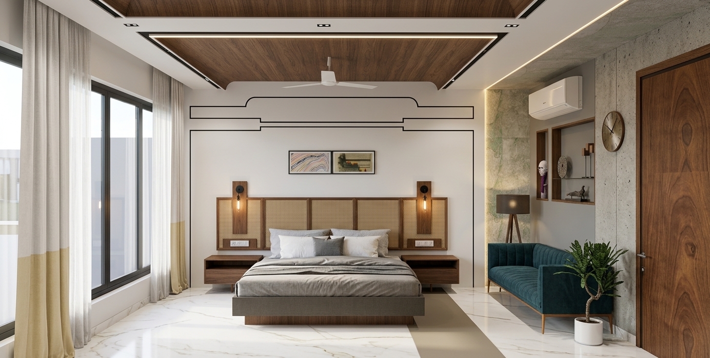 An architectural interior photograph of the modern bedroom, maintaining the exact geometry, structure, and camera perspective. The space features matte white walls with crisp black grooved trim detailing above the bed, paired with polished white Statuario marble flooring inlaid with an off-center matte beige Italian stone runner. Natural daylight diffuses through the floor-to-ceiling sheer drapes on the left, balanced by soft 3000K warm cove illumination from the wood-inset tray ceiling and modern wall sconces. Realistic material physics emphasize the woven texture of the headboard panels, natural folds in the linen bedding, smooth satin wood finishes on the floating nightstands and door, and plush teal velvet on the settee. Captured straight-on with a professional architectural tilt-shift lens, displaying natural shadow gradations, subtle surface reflections, and crisp material textures.