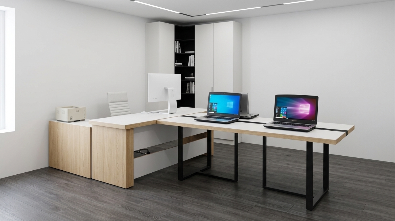 An incredibly lifelike, richly detailed, photorealistic eye-level interior rendering of a modern fusion executive workstation set in a pristine, minimalist office environment. The scene is illuminated by soft, diffuse architectural ambient light, creating a crisp, professional, and luminous atmosphere. Captured with a 35mm wide-angle lens, emphasizing the tactile wood grain of the natural light oak panels, the smooth matte white desktop surfaces, and the bold contrast of the matte black powder-coated steel sled legs. The composition perfectly details the L-shaped workstation featuring integrated black cable channels, active laptops with crisp displays, a sleek white monitor, and an ergonomic white ribbed leather chair, seamlessly paired with a floor-to-ceiling corner storage cabinet featuring recessed black display shelving and delicate, realistic contact shadows throughout.