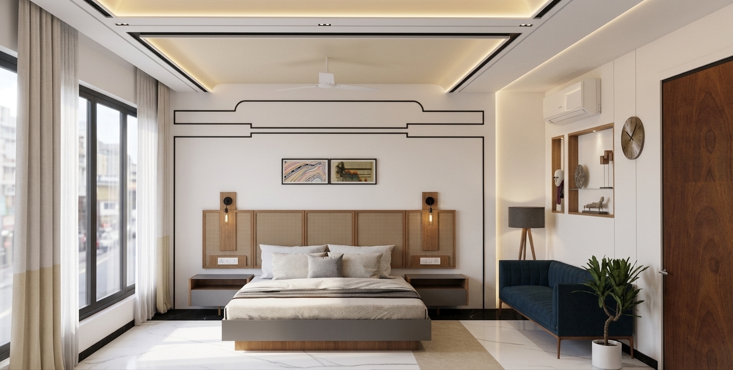 A straight-on interior architectural photograph of the modern bedroom, maintaining the exact layout, geometry, and composition. The scene features smooth white walls accented with slim black profile grooves framing the woven wood headboard, matte black skirting, and a light cream recessed ceiling illuminated by soft, warm cove lighting tracing the borders. Polished white Statuario marble flooring with faint grey veining is offset by an off-center matte beige Italian stone runner. Diffused natural daylight filters from the left window curtains, creating realistic reflections and soft ambient light across the grey and wood nightstands, dark blue velvet settee, and neatly layered bedding with authentic fabric textures and subtle photographic grain.