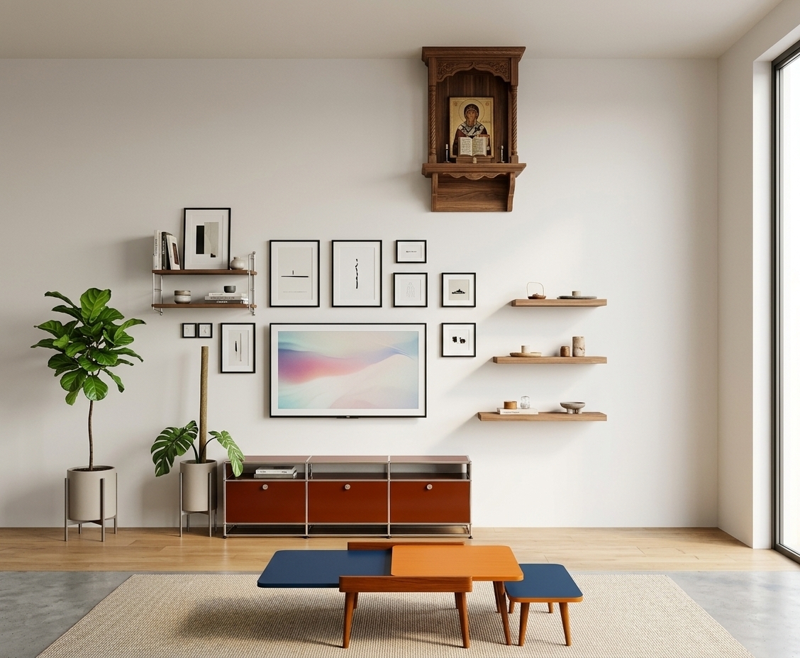 An incredibly lifelike, richly detailed, photorealistic wide-angle interior photograph of a modern mid-century living room set in a bright, stylish urban apartment. The scene is illuminated by soft, abundant daylight flooding the space from a large side window, creating a warm, serene, and sophisticated atmosphere. Captured with a professional 35mm architectural lens at eye level with a crisp, deep focus, emphasizing the authentic grain of rich walnut wood, gleaming chrome tubular steel, and velvety matte walls, the composition centers on a flush-mounted 43-inch flat-screen TV mounted securely against a clean, off-white feature wall. Directly beneath, an iconic low-profile USM-style modular media console with polished chrome framing and rich lacquered panels anchors the space, paired with a multi-level geometric coffee table resting on smooth, natural oak flooring. To the left, an elegant mid-century modular wall shelf holds art books and ceramics beside a vibrant, potted fiddle-leaf fig tree with broad, glossy leaves, while to the right, minimalist floating timber display shelves step upward beneath an elevated, crafted wall-mounted wooden altar, all harmoniously balanced by a curated gallery of framed minimalist art prints arranged gracefully around the central screen.