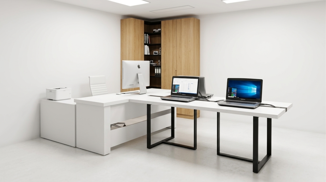 An incredibly lifelike, richly detailed, photorealistic three-quarter perspective shot of a contemporary executive and collaborative office workstation set in a pristine, minimalist professional interior. The scene is illuminated by soft, diffused overhead architectural lighting that casts gentle contact shadows beneath the furniture, creating a crisp, bright, and sophisticated atmosphere. Captured with a 35mm tilt-shift architectural lens, emphasizing the warm, authentic grain of the light oak cabinetry, the smooth texture of the pure white laminate tabletops, and the sleek industrial finish of the black powder-coated steel loop legs. The spacious L-shaped layout features a pristine white desk connected to a low oak storage credenza with a white high-back executive chair behind it, transitioning into an extended dual-user workstation equipped with active laptops displaying sharp, vibrant screens. In the background corner, a tall built-in wooden wardrobe with recessed black open corner shelving adds vertical elegance and functional depth, while glossy screen reflections and meticulous geometric precision anchor this high-end corporate visualization.