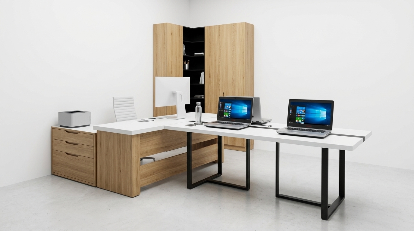 An incredibly lifelike, richly detailed, photorealistic interior architectural shot of a modern minimalist office workstation set in a pristine, bright studio environment. The scene is illuminated by soft, diffuse studio lighting and clean ambient bounce, creating an ultra-clean, professional, and sophisticated atmosphere. Captured with a 35mm architectural lens on a full-frame camera, emphasizing the natural light oak wood grain on the cabinetry, smooth matte white tabletops, and finely textured black powder-coated steel loop legs. The composition showcases an L-shaped configuration featuring a white desktop spanning onto robust black metal frames, integrated low oak-faced storage drawers with sleek horizontal recessed pulls, and a tall corner cabinet assembly that seamlessly frames a vertical column of matte black open shelves. In the workspace, two illuminated laptops rest on the desk beside an integrated black cable track, while a sleek white widescreen monitor, a low-profile gray printer, and a white ribbed ergonomic task chair complete the functional, high-end office layout against a seamless, bright white wall backdrop.