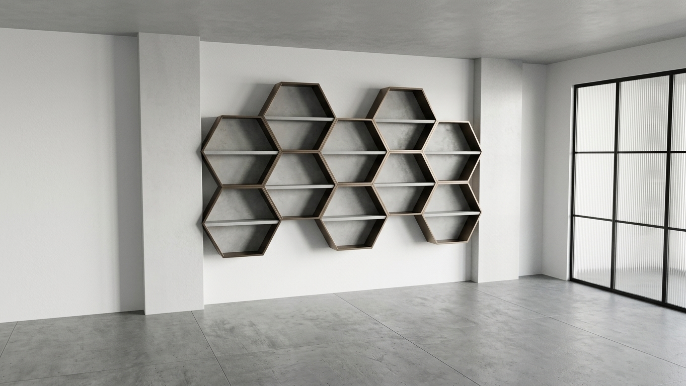A photorealistic architectural interior photograph capturing the exact scene in warm morning sunlight with soft, directional shadows. The wall-mounted hexagonal honeycomb shelving unit is rendered in sleek brushed metal with delicate micro-reflections and edge highlights against the smooth, matte white painted walls. To the far right, the black metal-framed partition holds genuine translucent fluted reeded glass that gently diffuses morning light. The dark floor features a fine matte concrete finish with subtle ambient bounce light, photographed at eye level with a 35mm lens, neutral exposure, natural material textures, and mild depth of field.