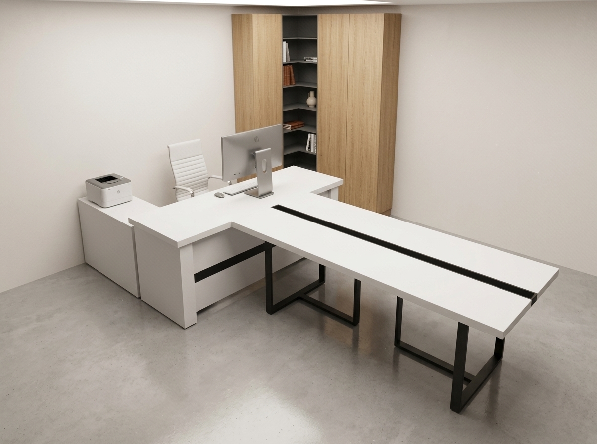 An incredibly lifelike, richly detailed, photorealistic wide-angle interior perspective shot of a modern executive office workstation set in a clean, minimalist studio environment. The scene is illuminated by soft, diffused ambient lighting casting gentle, realistic contact shadows, creating a bright, sophisticated, and professional atmosphere. Captured with a full-frame architectural camera and a crisp 35mm lens, emphasizing the matte white solid-surface desktops with their sleek recessed black accent channel, the tactile warmth of natural oak veneer cabinetry, and the industrial finish of the powder-coated black steel frame legs. In the foreground, the extended T-shaped conference table seamlessly meets the wooden executive desk, which houses a streamlined all-in-one PC, an ergonomic white ribbed leather task chair, and a neat side-credenza with a compact desktop printer. In the corner background, the floor-to-ceiling wooden storage wardrobe perfectly frames the integrated dark gray open shelving unit, highlighting pure geometry, precise craftsmanship, and pristine modern office aesthetics.