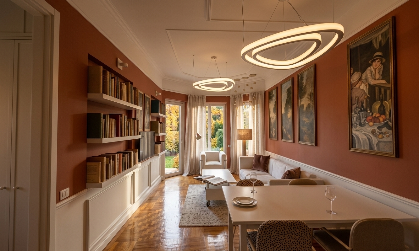 An incredibly lifelike, richly detailed, photorealistic wide-angle interior shot of a sophisticated living and dining salon set in an elegant Mediterranean retreat during late autumn. The scene is illuminated by the soft, warm golden hues of a setting sun filtering through sheer floor-to-ceiling linen drapery, gently balanced by the ambient, diffused glow of floating sculptural oval halo pendant lights, creating a tranquil, luxurious, and inviting atmosphere. Captured with a professional 24mm architectural tilt-shift lens, emphasizing rich tactile textures—from the gloss-varnished herringbone parquet hardwood floor and crisp white neoclassical wainscoting to the rich terracotta accent wall adorned with framed classical art. In the foreground, a pristine white dining ensemble rests gracefully, leading the eye past an integrated floor-to-ceiling recessed bookcase filled with textured, cloth-bound volumes toward a cozy lounge seating nook, complete with a plush sectional sofa, a textured area rug, and glimpses of lush autumnal garden greenery just beyond the glass patio doors.
