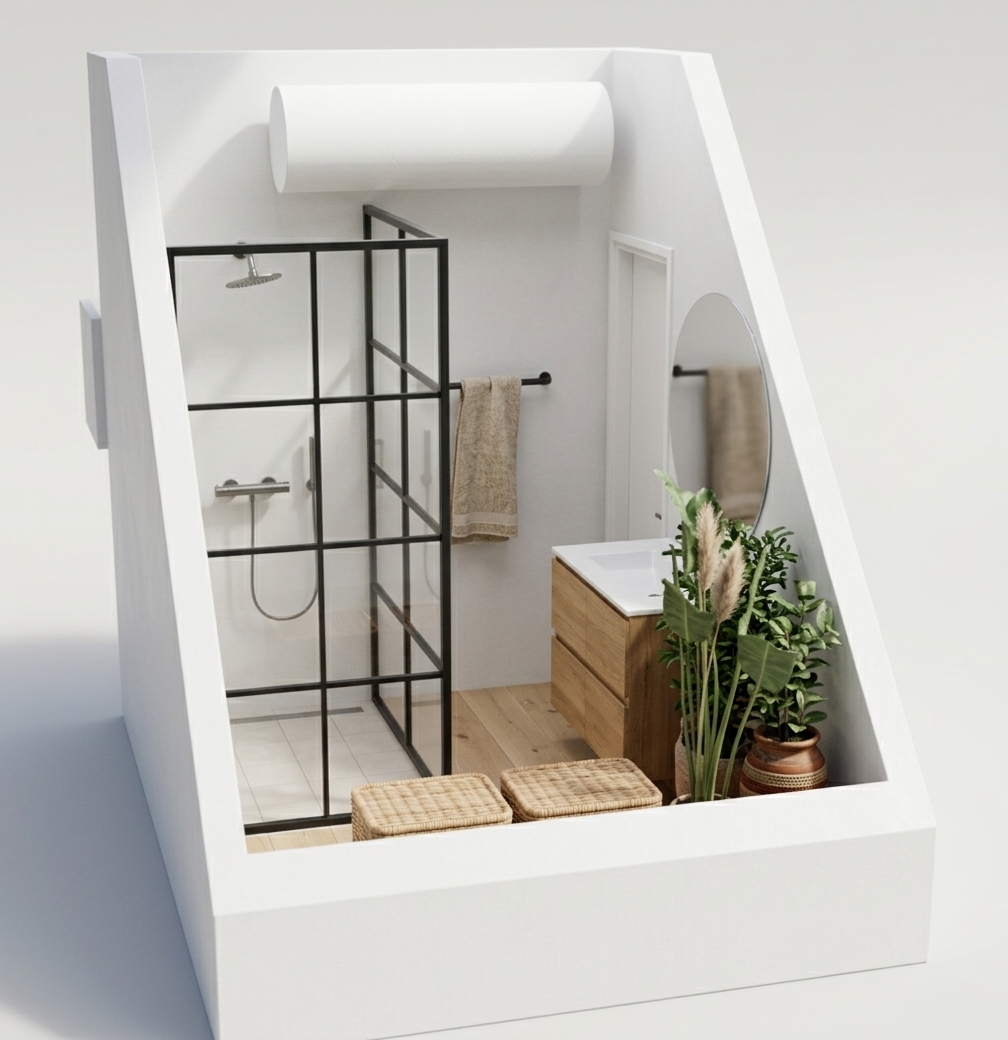 An incredibly lifelike, richly detailed, photorealistic cutaway perspective shot of a modern Scandinavian sanctuary bathroom set in a minimalist loft interior. The scene is illuminated by bright, diffused midday spring sunlight streaming from above, creating a tranquil, serene, and remarkably airy atmosphere. Captured with a high-end 24mm architectural tilt-shift lens, emphasizing the crisp contrast between matte black industrial metal framing, warm natural oak wood grain, and smooth, clean white plaster walls. On the left, an elegant grid-paneled black glass walk-in shower features a sleek rainfall showerhead, complemented by a soft, textured linen towel draped over a minimalist wall rail. To the right, nestled under the dynamic sloped ceiling, stands a warm timber vanity with an integrated white basin beneath a large, softly reflecting circular mirror. Lush potted greenery adds a refreshing organic accent, harmonizing beautifully with light oak flooring and woven hygge-inspired storage ottomans in the foreground for a calm, spa-like ambiance.