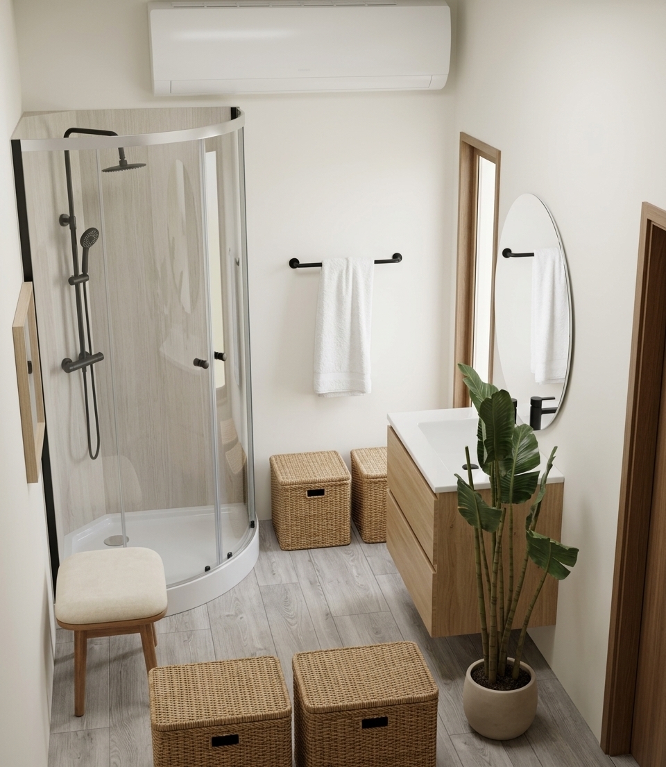 An incredibly lifelike, richly detailed, photorealistic high-angle interior shot of a minimalist bathroom set in a tranquil Scandinavian sanctuary. The scene is illuminated by bright, natural midday spring light cascading softly across crisp off-white walls, creating a serene, airy, and hygge-inspired atmosphere. Captured with a wide-angle 24mm architectural lens, emphasizing the rich tactile textures of light natural oak, woven rattan, and sleek matte black hardware. In the corner, a modern curved glass shower enclosure with refined black fixtures gleams gently, complemented by a light wood-paneled floating vanity topped with a clean white ceramic basin and a large frameless circular mirror that reflects the bright, open space. Lush green foliage from a potted indoor plant introduces an organic touch beside woven wicker storage hampers, a plush upholstered stool, and soft, tactile textiles laid out over light grey wood-plank flooring, crafting a peaceful and effortlessly harmonious retreat.