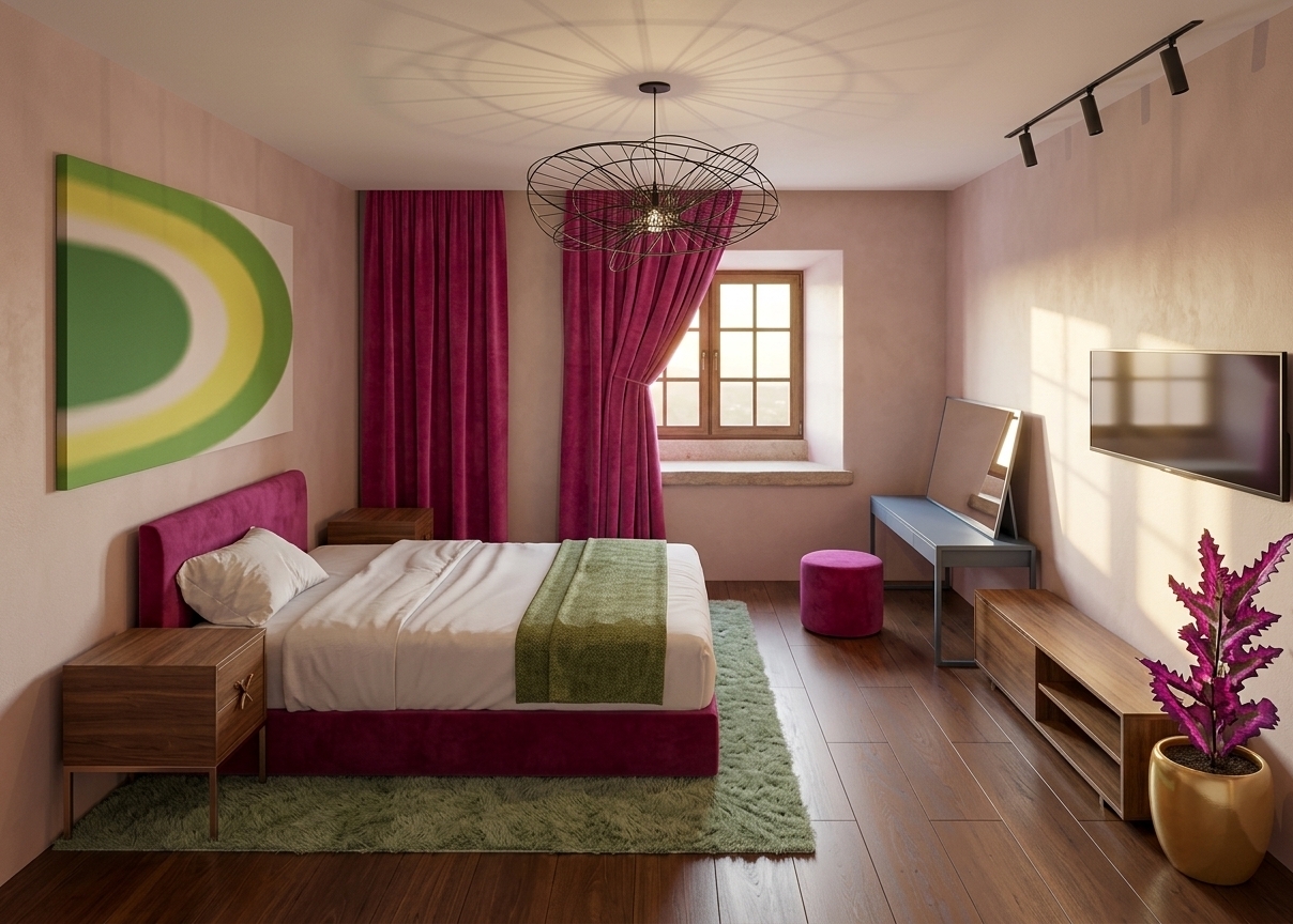 An incredibly lifelike, richly detailed, photorealistic wide-angle interior photograph of an exotic contemporary bedroom set in a luxurious modern riad. The scene is illuminated by the soft, golden glow of sunrise streaming gently through the deep-set window, creating a warm, sensual, and tranquil atmosphere. Captured with a professional architectural wide-angle lens, emphasizing the rich contrast of smooth blush-toned walls, polished dark hardwood planks, and vibrant tactile textiles. A plush platform bed upholstered in deep magenta velvet is layered with crisp white linens and a textured moss-green runner, resting over a soft sage rug between two warm walnut nightstands. Above, an intricate wireframe chandelier casts delicate geometric shadows, while dramatic magenta drapes frame the sunlit casement. Across the room, a sleek vanity with a matching velvet ottoman, a low wooden media console beneath a wall-mounted screen, a bold arched canvas, and a potted tropical plant with deep purple foliage in a golden ceramic pot complete this richly layered Moroccan-inspired sanctuary.