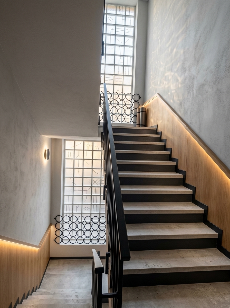 An incredibly lifelike, richly detailed, photorealistic medium-angle shot of a reimagined staircase hall set in an upscale contemporary fitness and wellness club. The scene is illuminated by soft, diffuse natural light filtering through the transformed windows and accented by warm, recessed LED strip lighting and sleek minimalist wall sconces, creating an inviting, sophisticated, and energizing atmosphere. Captured with a full-frame architectural camera and a sharp 24mm lens, emphasizing the tactile textures of matte concrete, graphite finishes, rich natural timber, and satin-black metal.

The renovated staircase features large-format light-gray concrete-effect tiles on the treads contrasted sharply against deep graphite-black risers for a bold, graphic cadence. Preserving its classic structure, the original metal railing is revitalized in a clean, ultra-matte jet-black finish. The surrounding walls are dressed in seamless light-gray textured architectural plaster, complemented by slim, contemporary vertical sconces that cast subtle up-and-down ambient light. Along the base of the wall following the staircase incline, warm oak wood panels with concealed, integrated linear LED backlighting wash the steps in a continuous warm glow. The tall vertical window openings are elevated with elegant, modern monochrome faux-stained glass featuring minimalist frosted geometric patterns that diffuse exterior light while lending a high-end, bespoke architectural aesthetic to the entire transit space.