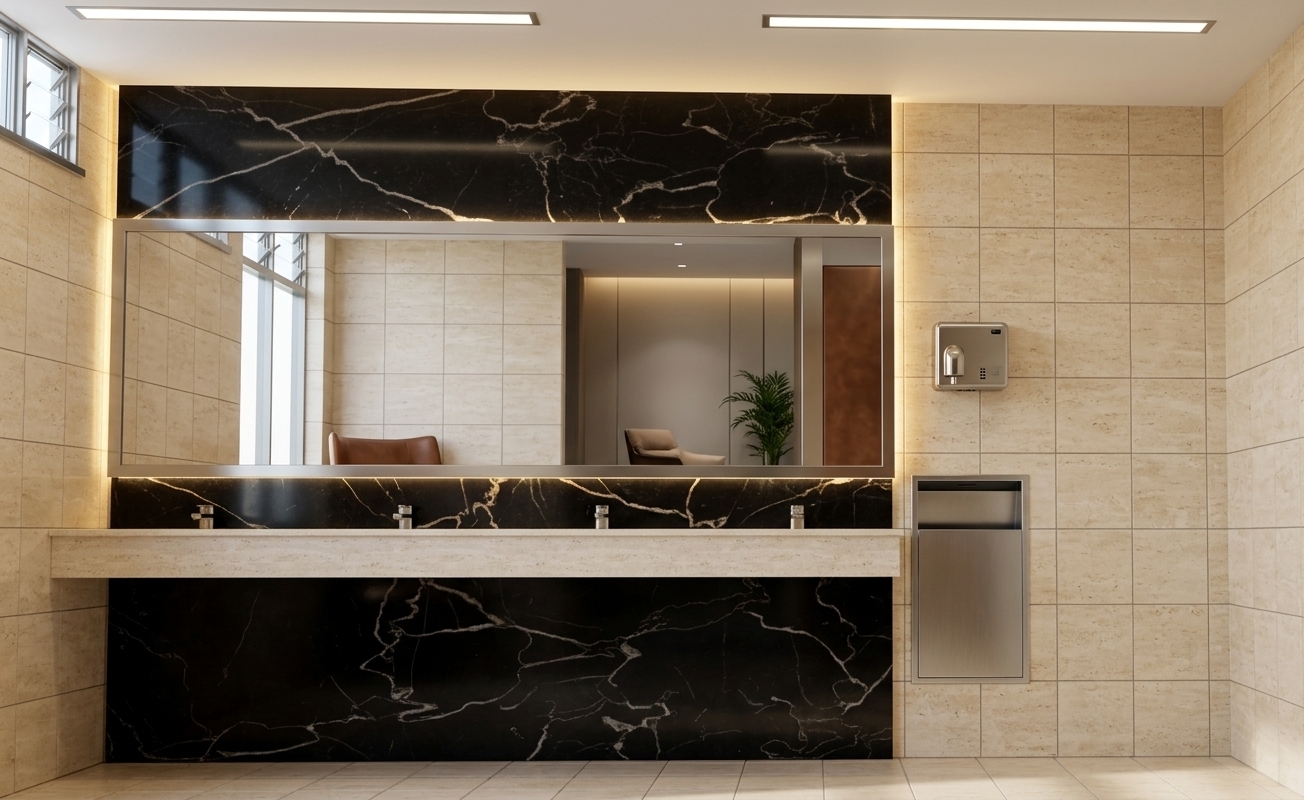An incredibly lifelike, richly detailed, photorealistic eye-level interior photo of a luxurious hotel vanity space set in a refined modern fusion boutique hotel. The scene is illuminated by warm, concealed perimeter LED strip lighting glowing from behind the grand framed mirror paired with soft, bright midday summer daylight entering through a high corner window, creating a tranquil, sophisticated, and lavish atmosphere. Captured with a professional 24mm architectural tilt-shift lens, emphasizing the rich interplay between the deeply veined, polished black marble feature wall and the warm, creamy, honed texture of the surrounding travertine tiles on the walls and floor. A seamless, monolithic light-stone floating countertop houses four minimalist brushed-chrome faucets, flanked cleanly by recessed stainless steel commercial fixtures to deliver an immaculate, high-end hospitality aesthetic.