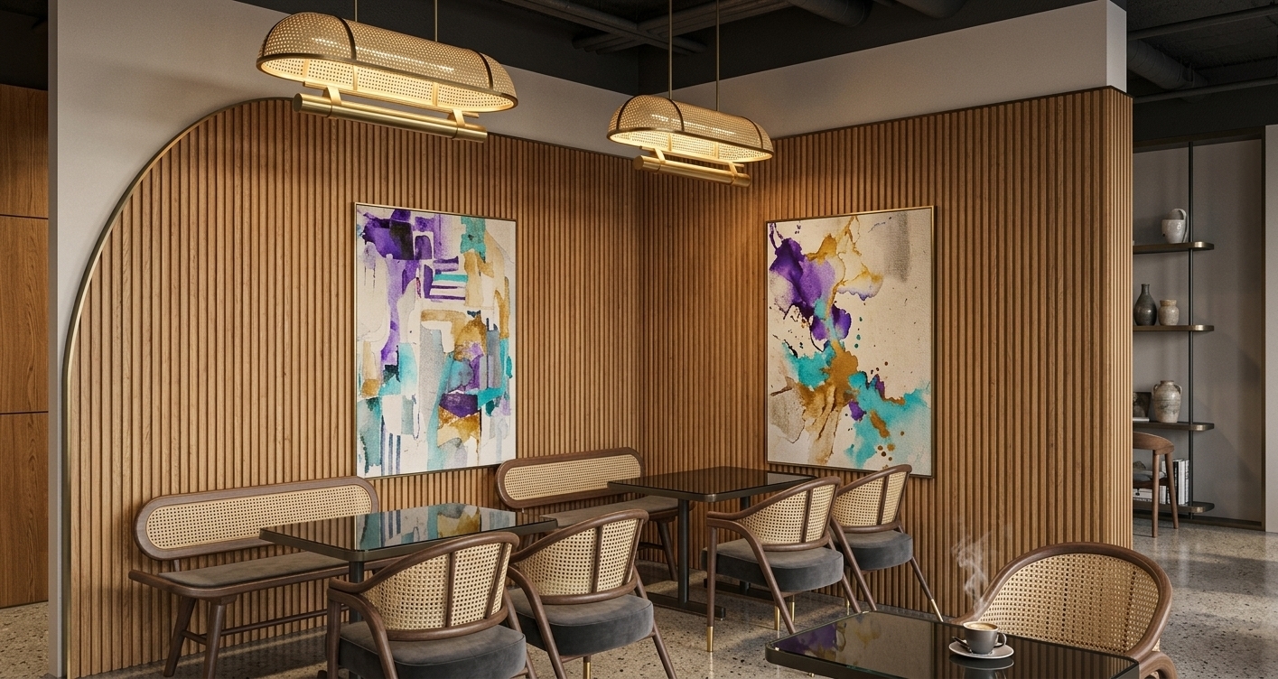 An incredibly lifelike, richly detailed, photorealistic eye-level interior shot of an upscale modern fusion coffee shop set in a vibrant urban boutique environment. The scene is illuminated by the warm, diffused glow of bespoke linear cane pendant lights suspended from a matte-black industrial ceiling, creating a cozy, sophisticated, and contemporary atmosphere. Captured with a professional 35mm architectural lens, emphasizing the fine vertical grain of the fluted warm-oak wall paneling, the delicate woven cane mesh of the curved dining chairs, and the tactile contrast of the smooth polished concrete flooring. Sleek, dark-tinted glass tables with metallic accents are paired with mid-century cane-backed benches and plush charcoal-cushioned armchairs with brass-tipped legs. Bold, large-scale abstract paintings with vibrant splashes of violet, turquoise, and ochre adorn the walls, perfectly complementing the minimalist open-concept shelving in the background adorned with curated ceramics and photography books.