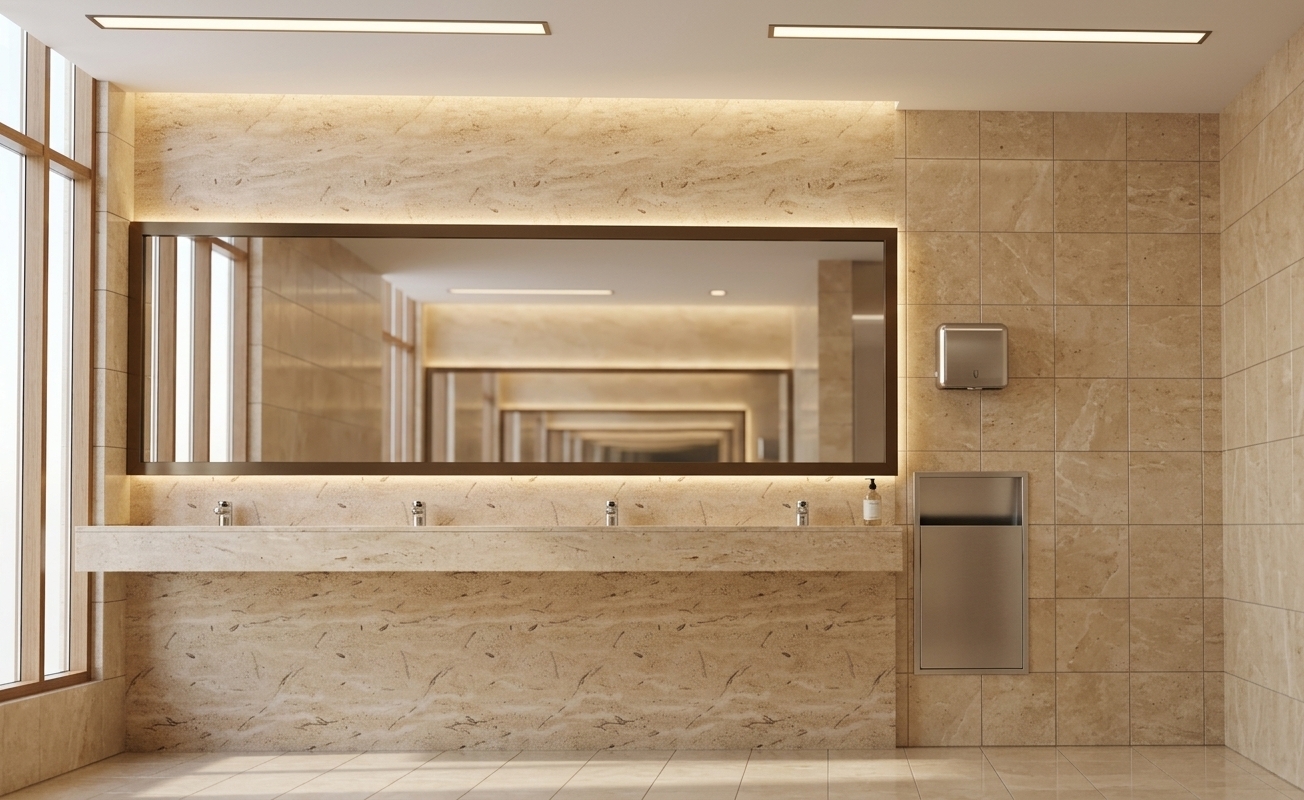 An incredibly lifelike, richly detailed, photorealistic eye-level interior shot of an upscale hotel restroom vanity area set in a modern luxury hospitality environment. The scene is illuminated by bright summer midday light softened by warm, concealed perimeter LED strip lighting glowing around the expansive horizontal mirror and linear ceiling fixtures, creating a clean, serene, and sophisticated atmosphere. Captured with a wide-angle 24mm architectural lens, emphasizing the rich, organic veining and porous, honed textures of warm beige travertine tiles seamlessly spanning the accent walls, surrounding partitions, and polished floor. A monolithic floating travertine countertop features sleek, polished chrome sensor faucets, while integrated brushed stainless steel fixtures—including a recessed trash chute and minimalist hand dryer—complement the modern fusion design with crisp lines, soft shadows, and high-end elegance.