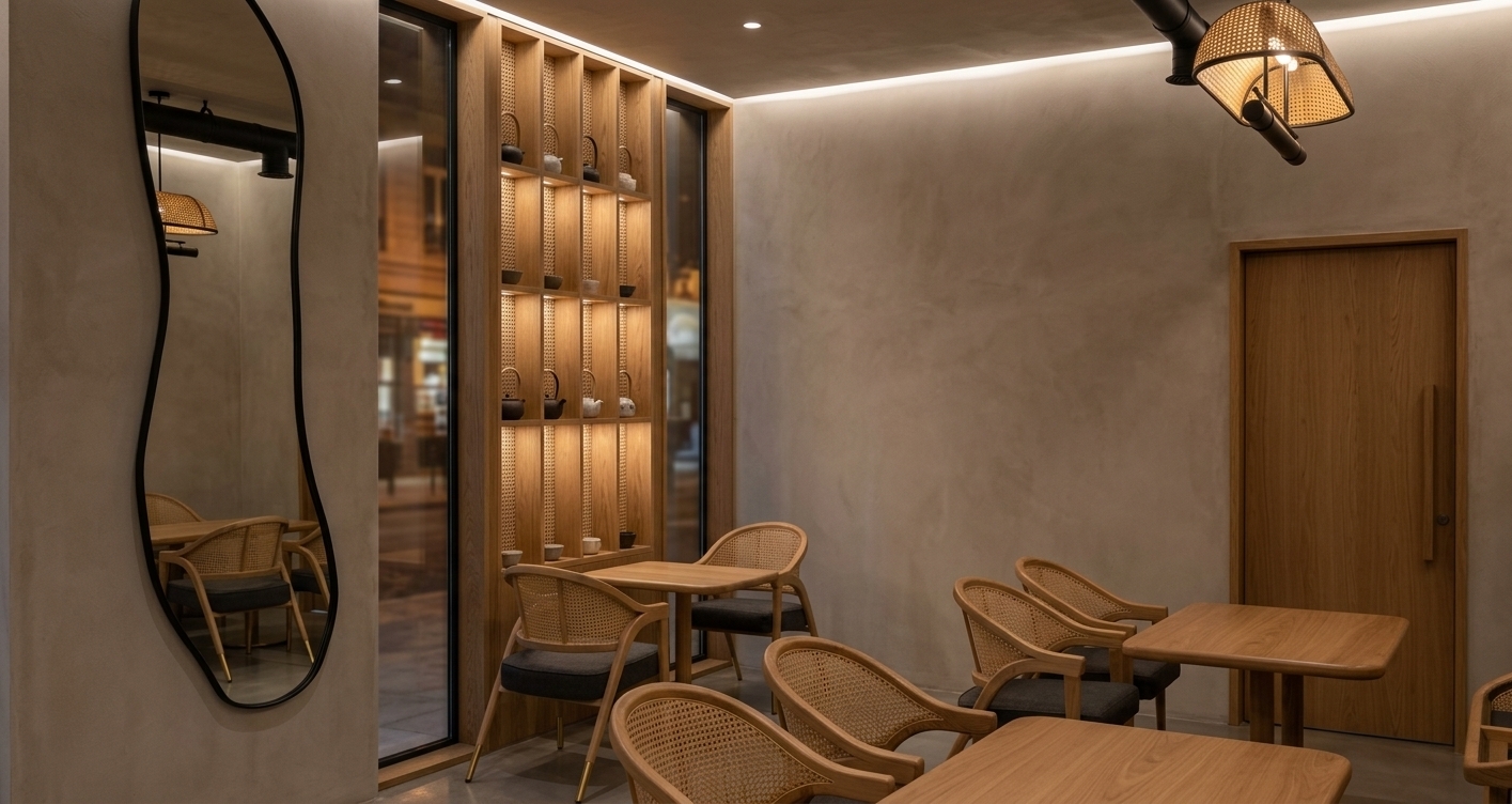 An incredibly lifelike, richly detailed, photorealistic eye-level interior shot of an upscale modern fusion coffee shop set in a vibrant urban quarter. The scene is illuminated by gentle ambient perimeter lighting paired with the warm, downcast glow of an industrial-chic woven pendant fixture, creating a cozy, refined, and serene atmosphere. Captured with a full-frame camera and a 35mm architectural prime lens, emphasizing the fine texture of woven rattan, natural blonde oak wood grains, and the velvety matte finish of the micro-cement walls. 

The dining space features sculpted armchairs with natural cane backrests, plush charcoal upholstered seats, and delicate gold-tipped legs arranged neatly around sleek, rounded wooden tables. Built seamlessly into the wall, a bespoke multi-tiered oak display niche showcases artisanal ceramic teaware, flanked by textured woven mesh panels. On the adjacent neutral wall, a bold, organic-shaped black abstract mirror introduces a striking contemporary contrast against the minimalist palette. Smooth polished concrete flooring reflects the subdued lighting, while a streamlined oak door and exposed matte-black ceiling elements complete this stylish, design-forward café interior.