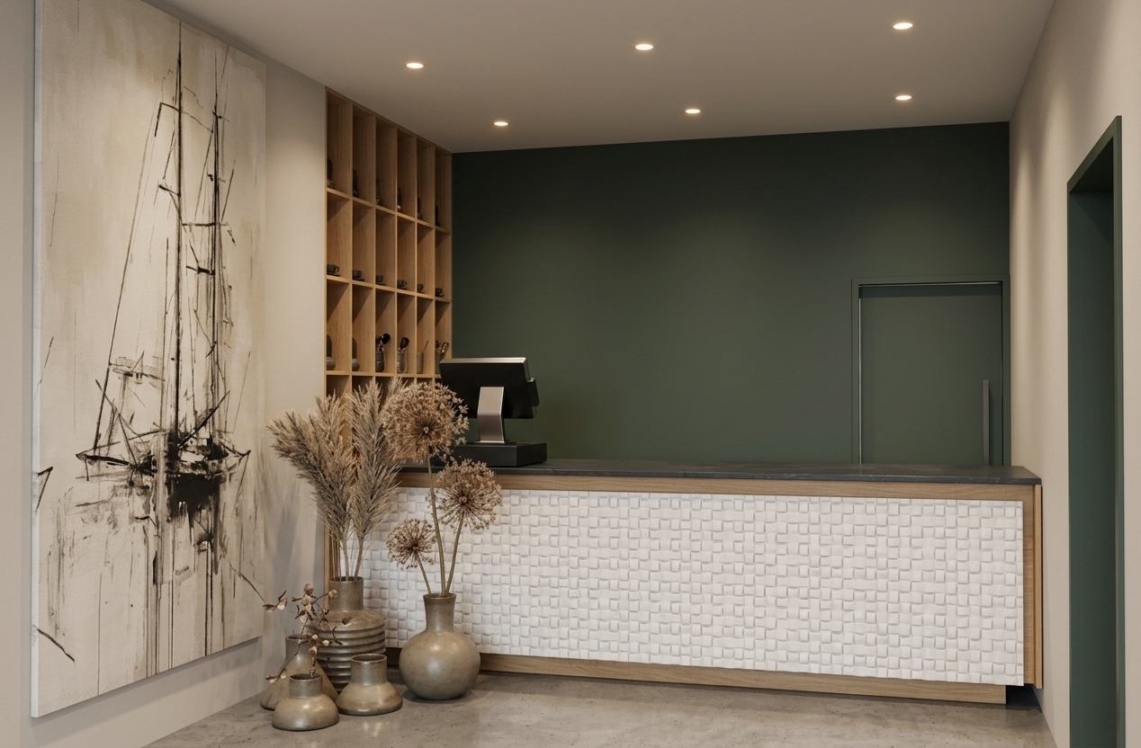 An incredibly lifelike, richly detailed, photorealistic eye-level interior shot of a modern fusion coffee shop checkout counter set in a chic, contemporary urban space. The scene is illuminated by warm recessed architectural downlights and soft ambient glow, creating an inviting, sophisticated, and serene atmosphere. Captured with a 35mm wide-angle lens, emphasizing tactile woven white relief tiles across the front of the counter, sleek dark slate countertops, and smooth natural oak framing. In the foreground, an artistic arrangement of earthy ceramic vases filled with feathery dried botanicals sits gracefully on polished concrete flooring beside a towering, evocative abstract canvas art piece. In the background, a deep matte forest-green accent wall provides bold depth, complemented by minimalist oak modular shelving and a streamlined POS register system for a clean, design-forward aesthetic.