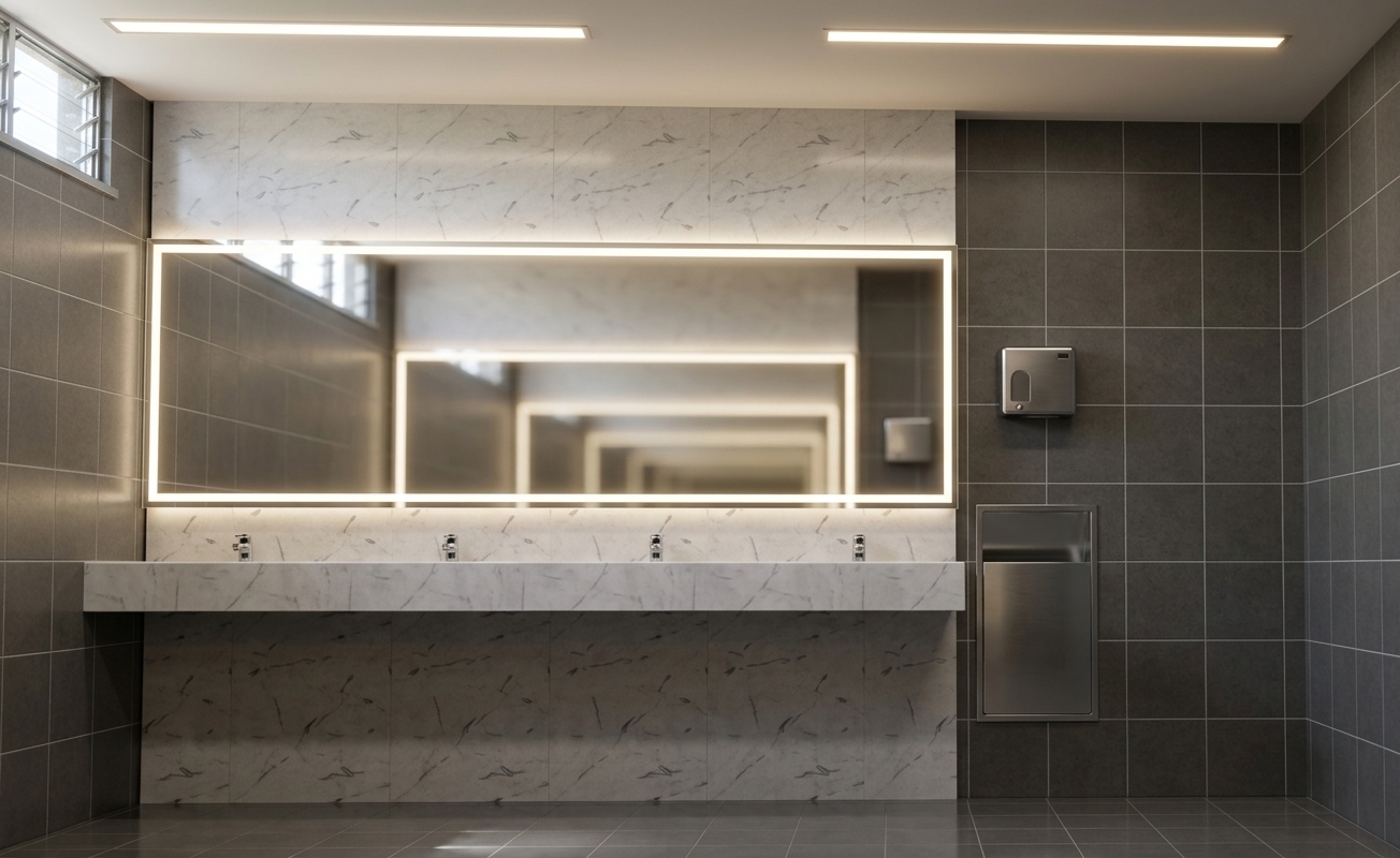 An incredibly lifelike, richly detailed, photorealistic eye-level interior shot of a contemporary hotel vanity suite set in an upscale modern hospitality environment. The scene is illuminated by bright summer midday light softened by warm ceiling-recessed linear lights and a sleek, radiant halo from the perimeter LED strip light encircling the expansive frameless mirror, creating an atmosphere of clean, contemporary elegance. Captured with a full-frame camera and a 24mm tilt-shift architectural lens, emphasizing the subtle organic veining of the honed marble feature wall, the crisp matte finish of the dark grey ceramic grid tiles, and the lustrous shine of the polished chrome automatic faucets. A long, monolithic floating marble countertop holds four minimalist faucets beneath the glowing frameless mirror, complemented by sleek stainless steel recessed fixtures on the adjacent wall and polished floor tiles that mirror the soft, ambient overhead glow.