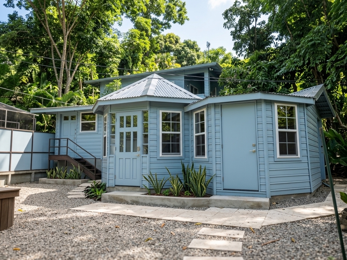 An incredibly lifelike, richly detailed, photorealistic eye-level architectural photo of a beautifully refreshed contemporary garden office pavilion set in a lush, verdant tropical backyard environment. The scene is illuminated by bright, clear midday sunlight filtering naturally through towering green foliage, creating an inviting and sophisticated atmosphere. Captured with a 35mm tilt-shift lens on a full-frame camera, emphasizing the crisp, clean horizontal light-blue siding, refined window framing, and sleek, minimalist contemporary entry doors with brushed metal hardware that replace the previous traditional red panels. A polished concrete perimeter foundation is complemented by manicured architectural landscaping, structured snake plants, and a clean gravel walkway, seamlessly transforming the quirky polygonal structure into a high-end, functional modern studio of contemporary elegance.
