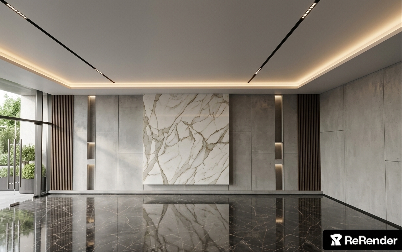 An incredibly lifelike, richly detailed, photorealistic wide-angle interior shot of a luxury hotel lobby set in a sleek urban development. The scene is illuminated by warm perimeter cove lighting, recessed linear ceiling tracks, and diffused natural daylight pouring through floor-to-ceiling glass entrance doors, creating an upscale, tranquil, and sophisticated atmosphere. Captured with a professional full-frame camera and a 24mm tilt-shift architectural lens, emphasizing the mirror-like reflections on the polished charcoal marble floors, the organic gold-and-grey veining of the floating book-matched marble center panel, and the tactile contrast between smooth concrete finishes and vertical oak slats. The open-concept, modular composition showcases clean geometric harmony, framing views of lush outdoor greenery while blending industrial-inspired textures with refined metallic accents and minimalist contemporary luxury.