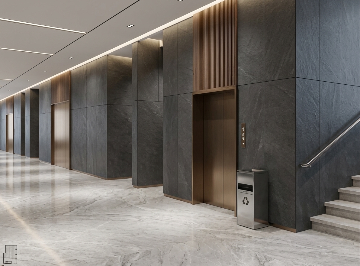 An incredibly lifelike, richly detailed, photorealistic eye-level interior perspective of a luxury hotel lobby elevator corridor set in a high-end contemporary urban development. The scene is illuminated by sleek, recessed linear ceiling lights and soft architectural cove illumination, creating a refined, tranquil, and sophisticated atmosphere. Captured with a full-frame camera and a 24mm tilt-shift lens, emphasizing the tactile contrasts of honed charcoal-gray slate cladding, warm vertically fluted walnut accents above the sleek brushed-bronze elevator doors, and expansive polished marble flooring with subtle veining. The clean, open-concept composition showcases modern fusion aesthetics through sharp geometric paneling, an integrated minimalist waste receptacle, and a crisp, light-toned stone staircase at the right edge, creating a seamless sense of continuous depth, luxury, and understated elegance.