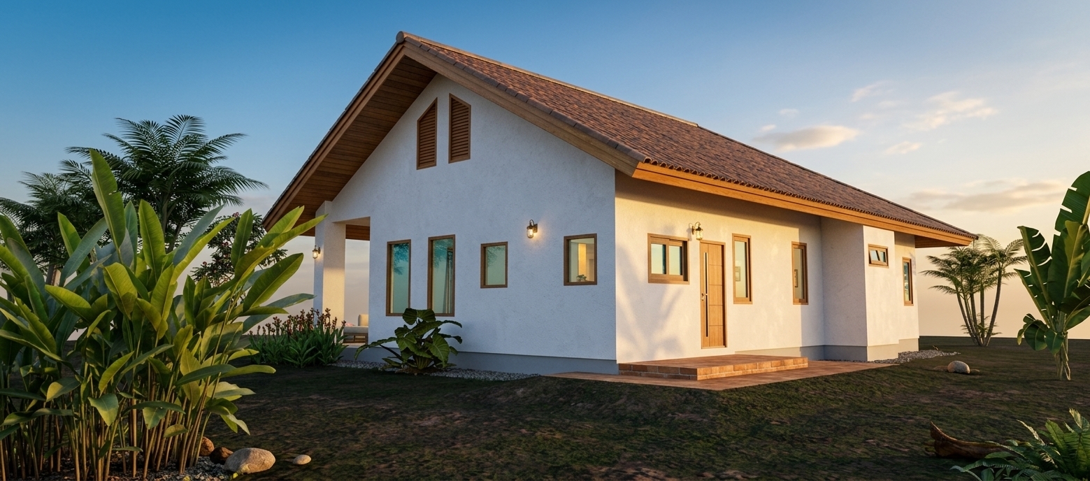 A photorealistic architectural photograph of the house during a warm spring sunset, maintaining the exact perspective, structure, and composition. The scene is illuminated by low-angle golden hour sunlight casting soft, elongated shadows across the ground and textured white stucco facade. The gabled roof shows realistic clay tile texture with subtle warm highlights, while the wooden door and trim display authentic grain. The windows reflect the soft evening sky and surrounding greenery with realistic transparency. The surrounding tropical foliage, including the foreground plants and palm trees, features natural translucency, micro-textures, and vibrant spring greens. The ground transitions into realistic, uneven lawn and earth with organic grass textures, captured with a sharp wide-angle lens, warm color temperature, and subtle photographic grain.