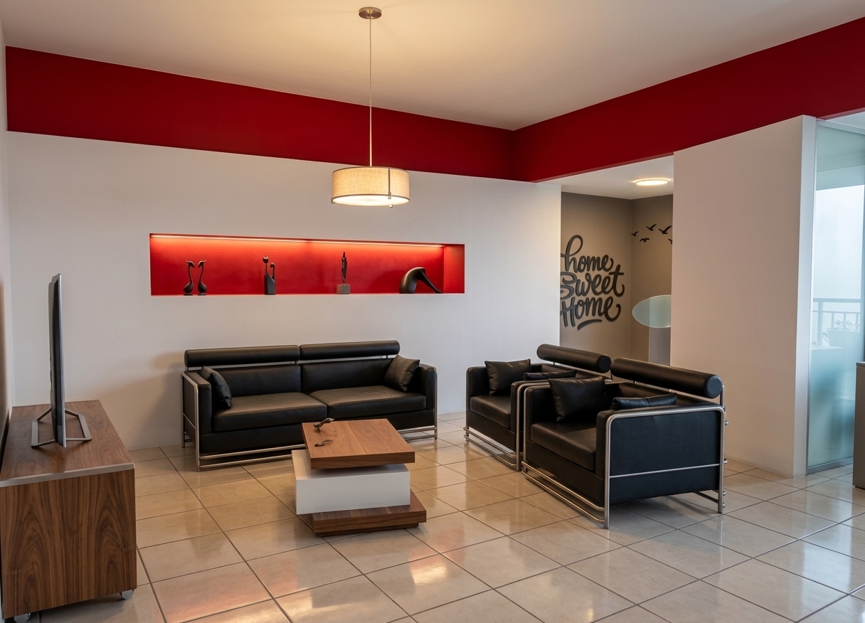 An incredibly lifelike, richly detailed, photorealistic wide-angle interior shot of a bold retro-futuristic living room set in a stylish space-age apartment. The scene is illuminated by a diffused central drum pendant and radiant warm illumination nestled within the recessed geometric wall niche, creating an inviting, nostalgic, and innovative atmosphere. Captured with a full-frame camera and a 24mm tilt-shift lens, emphasizing the brushed metallic tubular frames of the streamlined black lounge seating, the rich wood grain of the media credenza, and the subtle reflections across the polished ceramic floor tiles. A striking crimson band wraps around the upper perimeter of the crisp white walls, echoing the vibrant red inset alcove that displays minimalist sculptural silhouettes, while a tiered walnut-and-white lacquer coffee table anchors the central conversation area with effortless mid-century sophistication.