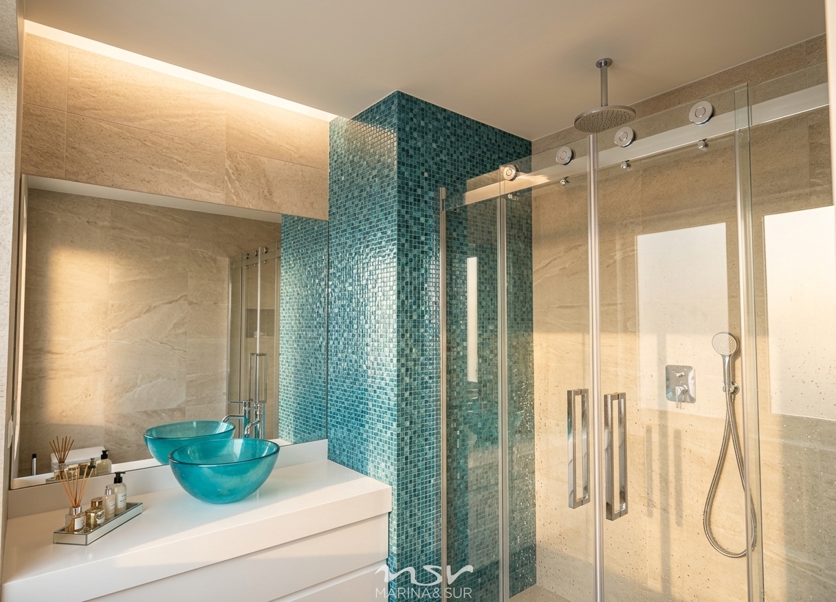 An incredibly lifelike, richly detailed, photorealistic eye-level interior shot of a modern coastal bathroom set in a sun-drenched beachside home. The scene is illuminated by soft, concealed ceiling cove LED lighting and a crisp, sun-kissed ambient glow, creating an airy, light, and relaxed coastal atmosphere. Captured with a wide-angle 24mm architectural lens, emphasizing the tactile contrasts between the sandy neutral large-format wall tiles and the shimmering teal-blue glass mosaic pillar. A floating pristine white vanity supports a striking, translucent turquoise bowl sink with a sleek chrome faucet, complemented by minimalist vanity accessories. To the right, a sliding frameless glass shower enclosure features polished stainless-steel hardware, maintaining an open, uncluttered, and effortlessly beachy aesthetic.