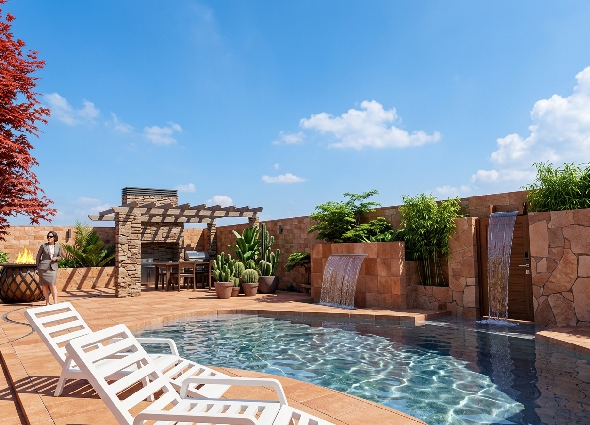 An incredibly lifelike, richly detailed, photorealistic wide-angle landscape shot of a modern fusion outdoor pool patio set in a stylish, private backyard retreat. The scene is illuminated by bright, direct midday sunlight under a vivid blue sky dotted with soft white clouds, creating a vibrant, sun-drenched, and relaxing atmosphere. Captured with a professional DSLR and an ultra-sharp 24mm architectural lens, emphasizing the glistening, rippling turquoise pool water, textured stone paving tiles, warm terracotta-hued privacy walls, and the striking contrast of lush bamboo and a fiery red Japanese maple. 

In the foreground, clean white modular sun loungers invite relaxation beside the clear pool, while the background reveals an open-concept entertaining space complete with a rustic stone-pillared pergola, an integrated outdoor kitchen, and a sleek, built-in waterfall feature cascading down warm-toned masonry. Vibrant potted plants, organic flagstone textures, and elegant wooden architectural elements seamlessly merge urban luxury with natural beauty, forming a serene and contemporary outdoor living sanctuary.