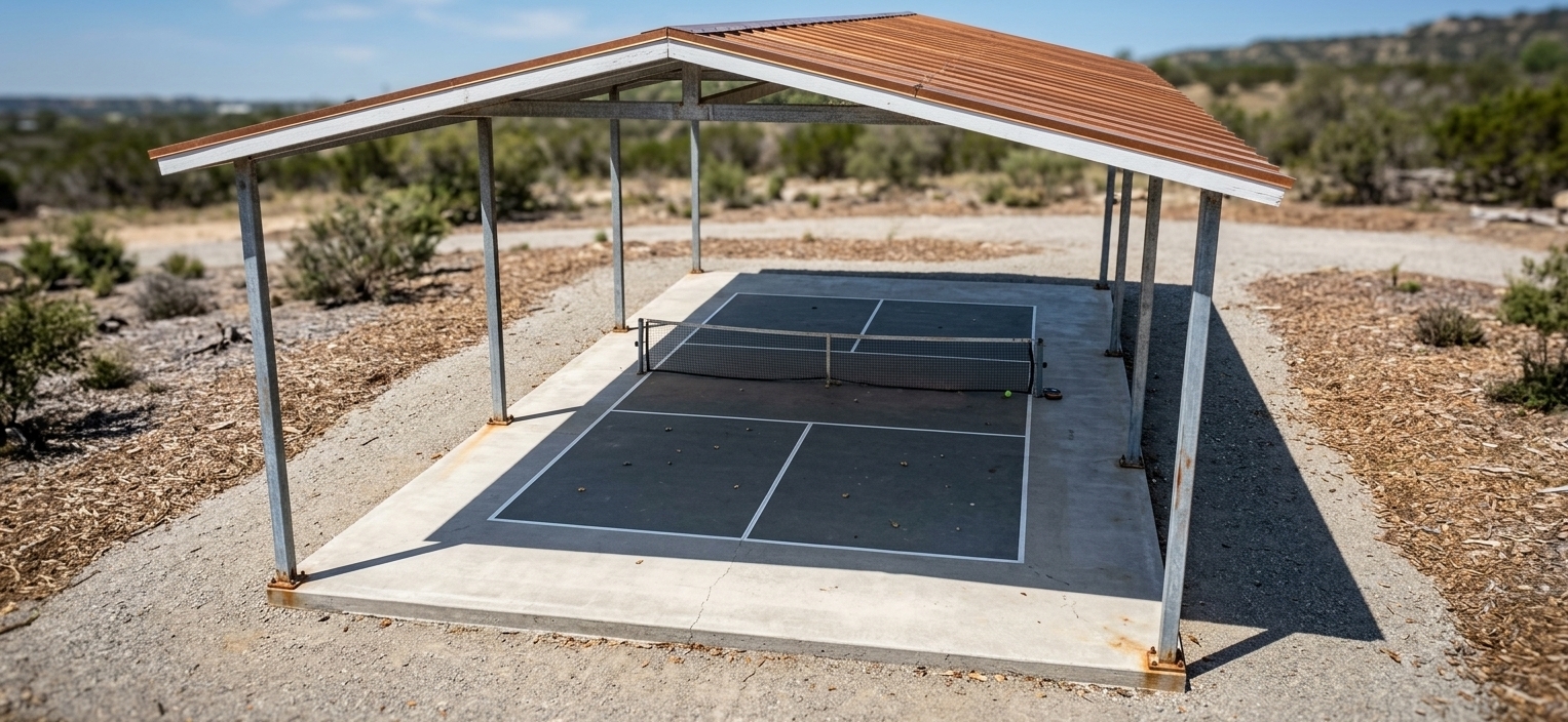 A crisp outdoor photograph taken at midday under bright summer sunlight, strictly preserving the exact geometry and perspective of the open-sided shelter. Direct overhead sun casts sharp, defined shadows from the roof and structural posts onto the concrete slab. The concrete features realistic micro-textures and fine expansion joints surrounding the dark court with its central net. Clear daylight illuminates the galvanized steel support columns, underside rafters, and corrugated metal roof panels with balanced dynamic range, neutral color temperature, and realistic surface reflections.
