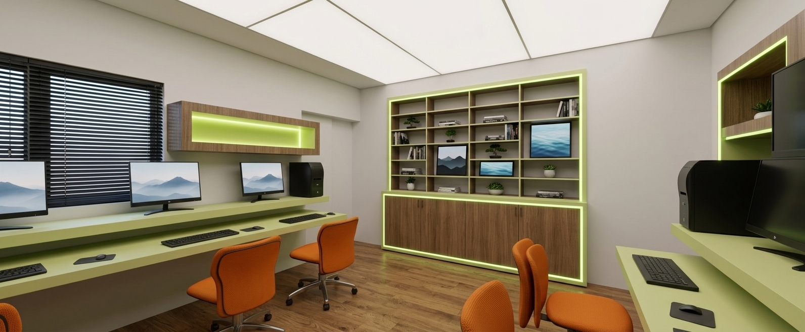An incredibly lifelike, richly detailed, photorealistic wide-angle interior shot of a digital zen coworking space set in a high-tech modern studio. The scene is illuminated by soft, diffused ambient ceiling light complemented by subtle neon accent glows tracing the streamlined lime-green shelving, creating a tranquil, focused, and futuristic atmosphere. Captured with an ultra-wide architectural lens, emphasizing the sleek matte finishes, textured warm flooring, and smooth surfaces of the ergonomic orange swivel chairs. The minimalist workstation counters host pristine, clutter-free desktop monitors and slim peripherals, while the expansive built-in shelving unit at the far end features neat compartments curated with photography books, subtle indoor plants, and digital landscape art displays, perfectly balancing cyberpunk innovation with calming zen design.