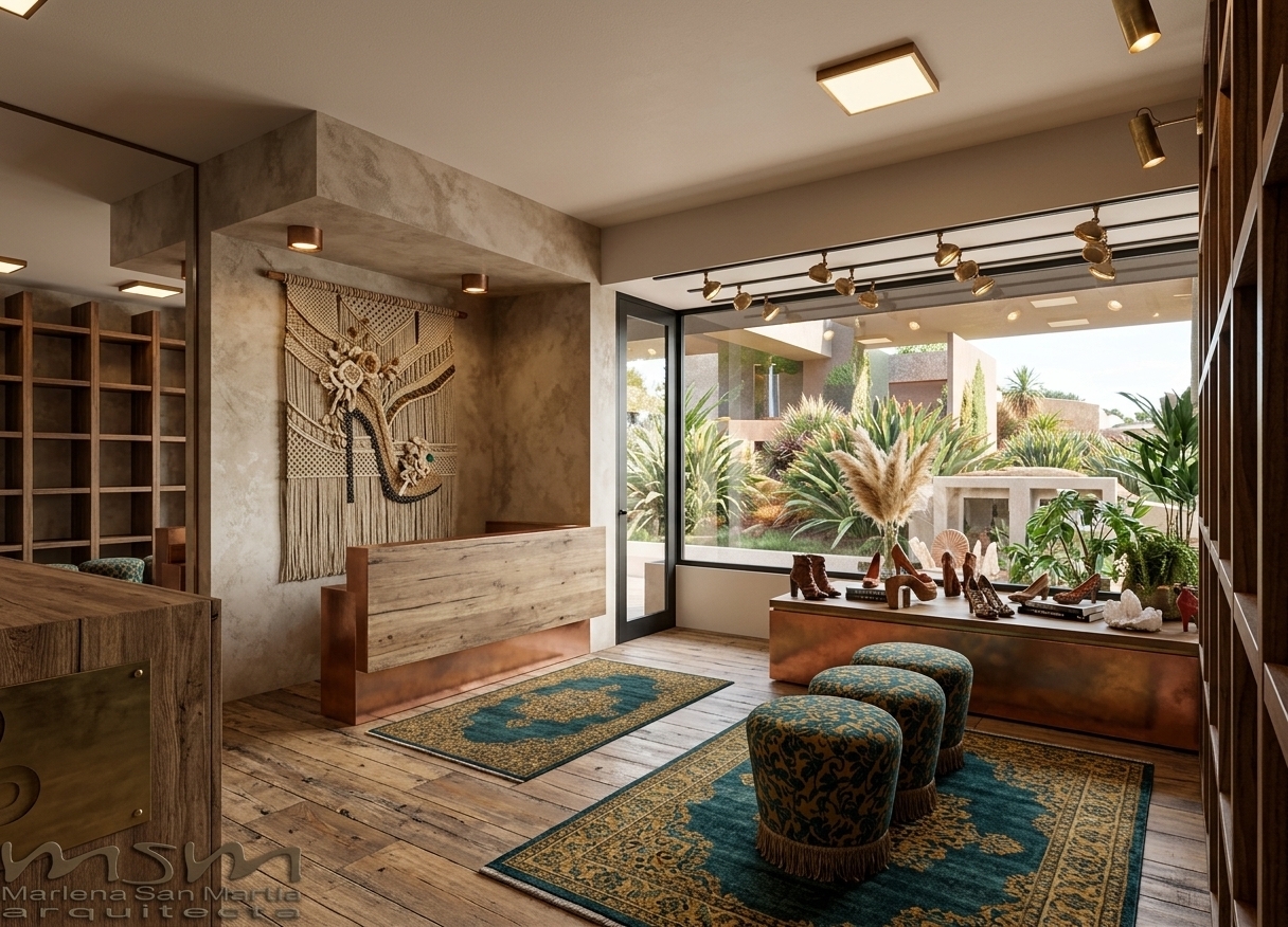 An incredibly lifelike, richly detailed, photorealistic wide-angle interior shot of a boutique footwear and apparel showroom reimagined as a bohemian oasis set in a chic sunlit retail district. The scene is illuminated by soft natural light pouring through large storefront display windows paired with warm, focused directional track lighting, creating an inviting, vibrant, and free-spirited atmosphere. Captured with a professional 24mm wide-angle lens, emphasizing rich tactile textures such as woven macramé, layered vintage rugs, and handcrafted finishes. 

The boutique's focal wall features an intricate, globally inspired woven tapestry set against earthy neutral tones, while the sleek checkout counter is grounded in warm rust accents. Nearby, a curated display table by the expansive window showcases footwear alongside artful photography books, cascading pampas grass, and lush potted greenery. Textured ottomans upholstered in deep teal and mustard damask fabric provide cozy seating over distressed natural wood flooring, seamlessly blending layered bohemian warmth with refined eclectic boutique design.