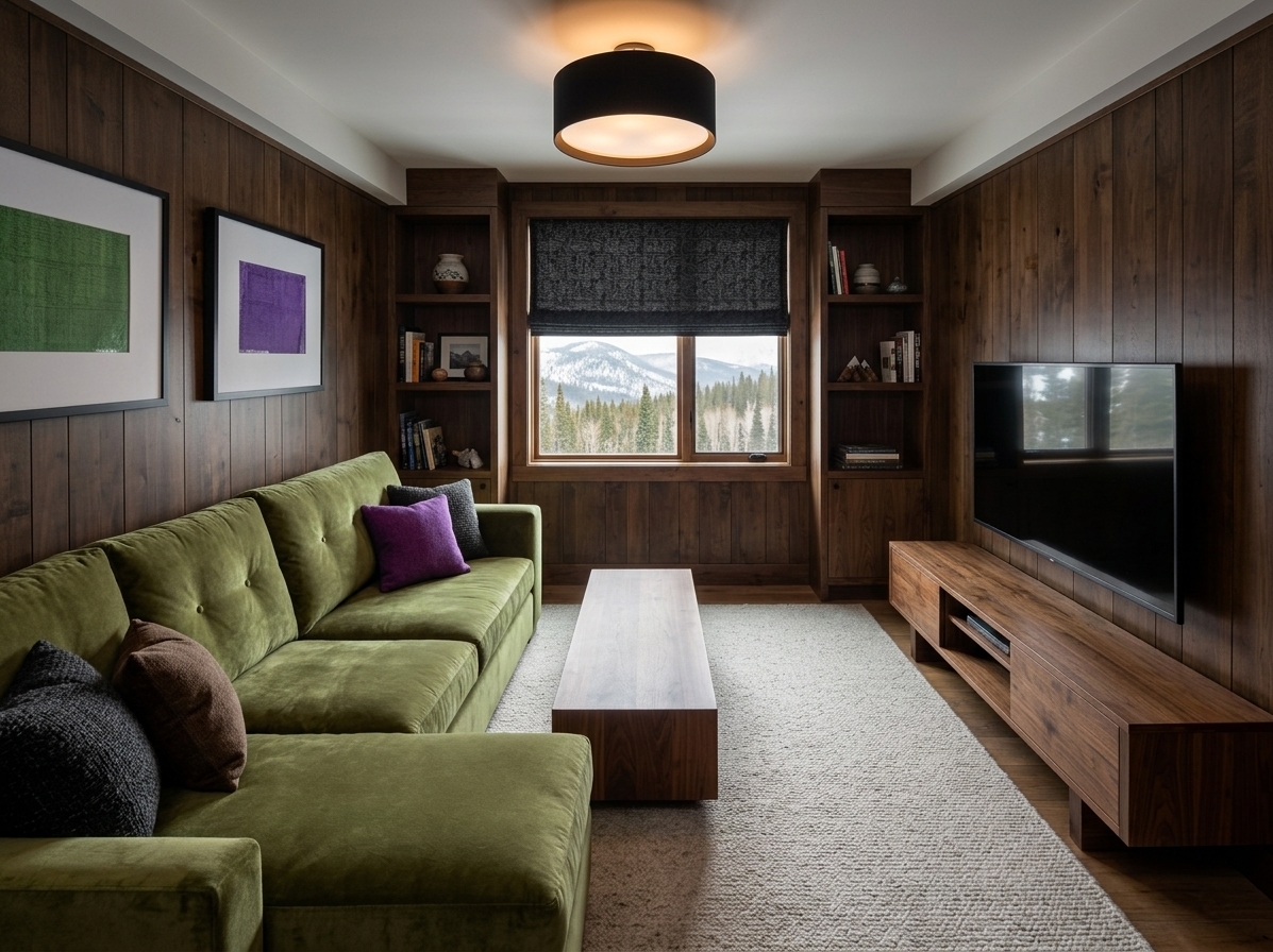 An incredibly lifelike, richly detailed, photorealistic wide-angle interior photograph of a cozy, cabin-inspired living room set in a secluded alpine mountain escape. The scene is illuminated by soft natural daylight pouring through the framed window and the warm ambient glow of a modern black drum pendant light overhead, creating an inviting, rugged, and comfortably nestled atmosphere. Captured with a professional 24mm architectural lens, emphasizing rich tactile surfaces and earthy tones of deep forest green, dark walnut browns, and warm neutrals. A plush olive-green velvet sectional sofa anchors the space, adorned with textured charcoal and vibrant accent pillows, while a sturdy dark wood coffee table rests upon a soft, light-toned area rug. Flanking the window, bespoke built-in shelving adds depth beside the wall-mounted television console, beautifully complemented by minimalist framed art along the dark paneled accent wall for a refined, rustic aesthetic.