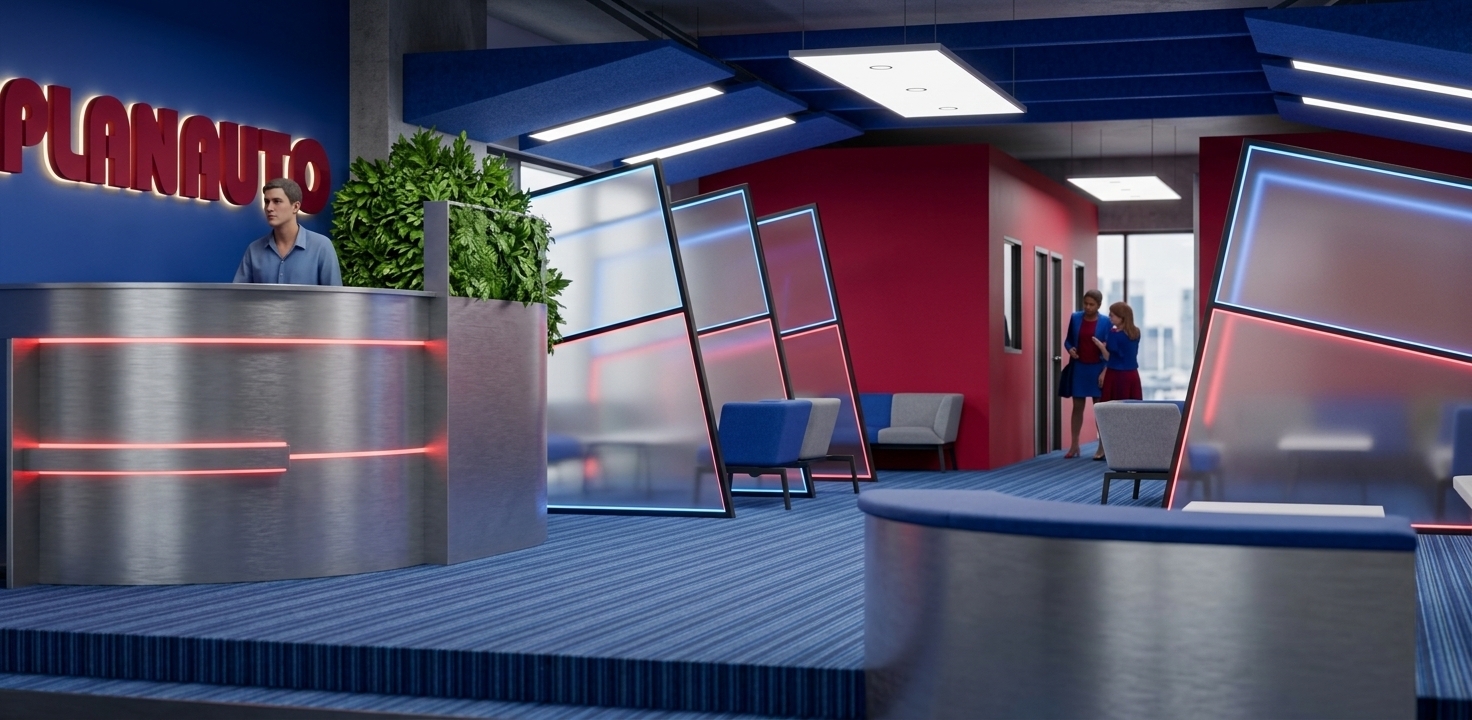An incredibly lifelike, richly detailed, photorealistic wide-angle interior photograph of a techno-wonderland corporate reception and showroom set in a cutting-edge creative office. The scene is illuminated by recessed linear lighting and glowing neon accents, creating a vibrant, futuristic, and playful atmosphere. Captured with a 24mm tilt-shift lens, emphasizing sleek brushed metallic reception desks, bold crimson architectural volumes, and rich cobalt acoustic ceiling baffles. The dynamic space features linear striped blue carpeting leading past angled frosted glass partitions and modern modular lounge seating, while lush indoor plants and bold 3D branding infuse the surreal, digital-inspired setting with energetic warmth and crisp architectural sophistication.
