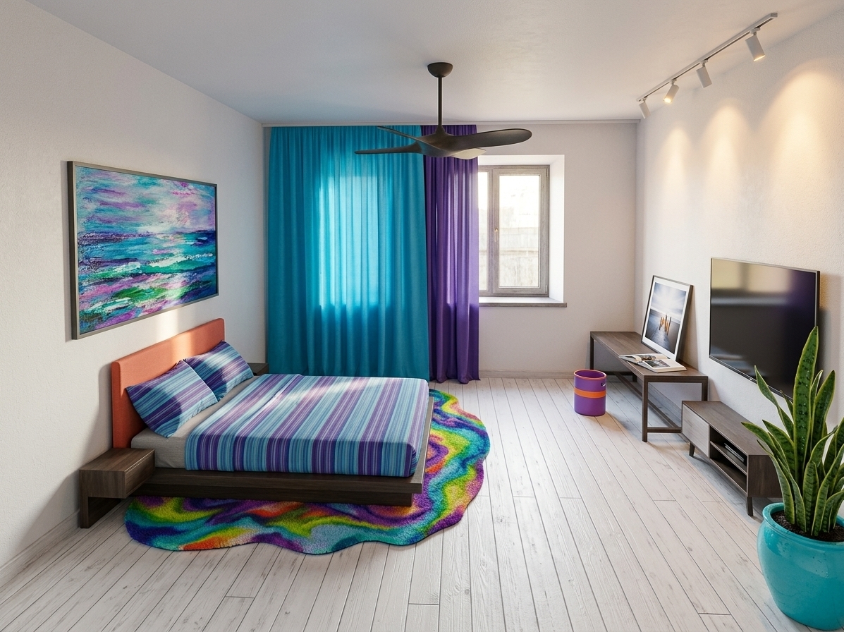An incredibly lifelike, richly detailed, photorealistic wide-angle interior photograph of a chic modern bedroom set in a sun-drenched coastal retreat. The scene is illuminated by gentle daylight filtering through flowing turquoise and ocean-blue drapes complemented by the soft, warm glow of directional ceiling track lights, creating an airy, fresh, and invitingly relaxed atmosphere. Captured with a high-resolution full-frame camera and a 24mm lens, emphasizing the fine grain of whitewashed plank flooring, soft woven linens, and vibrant accents throughout the open space. In the center, a low-profile platform bed is dressed in crisp striped blue and purple bedding over a fluid, colorful accent rug, framed by large abstract seascape wall art. A minimalist console desk with an open photography book, a sleek media console beside a mounted screen, a dark modern ceiling fan, and a thriving potted tropical plant in a bright ceramic pot complete this sun-kissed, uncluttered sanctuary.