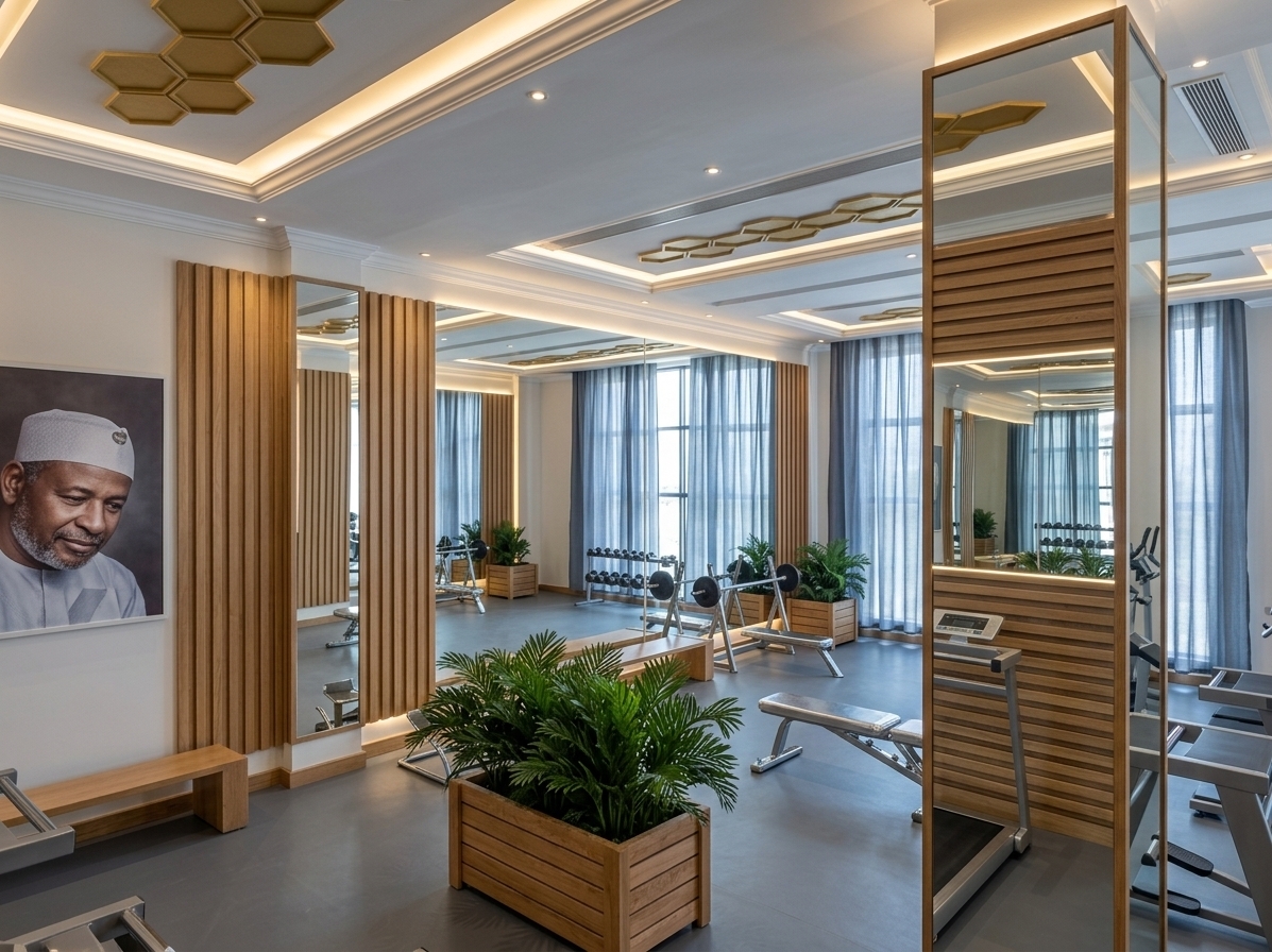 An incredibly lifelike, richly detailed, photorealistic wide-angle interior shot of a sophisticated corporate fitness gym set in a bright, modern office tower. The scene is illuminated by diffused midday summer sunlight filtering through floor-to-ceiling sheer slate-blue drapery, blended seamlessly with warm concealed ceiling cove lighting and sleek LED strip backlighting behind mirrored pillars, creating an invigorating, serene, and minimalist haven atmosphere. Captured with an architectural 24mm tilt-shift lens, emphasizing the fine grain of the vertical oak wood slats, the smooth matte finish of the slate-grey linoleum sports flooring, and the crisp reflections along the mirrored columns. The pristine white gypsum stepped ceiling features intricate white moulded cornices and glowing golden honeycomb acoustic motifs that add geometric elegance. Polished chrome fitness equipment, a contemporary framed portrait, and lush, lifelike tropical ferns nestled in natural timber planter boxes bring vibrant life, depth, and wellness-focused sophistication to this high-end professional retreat.