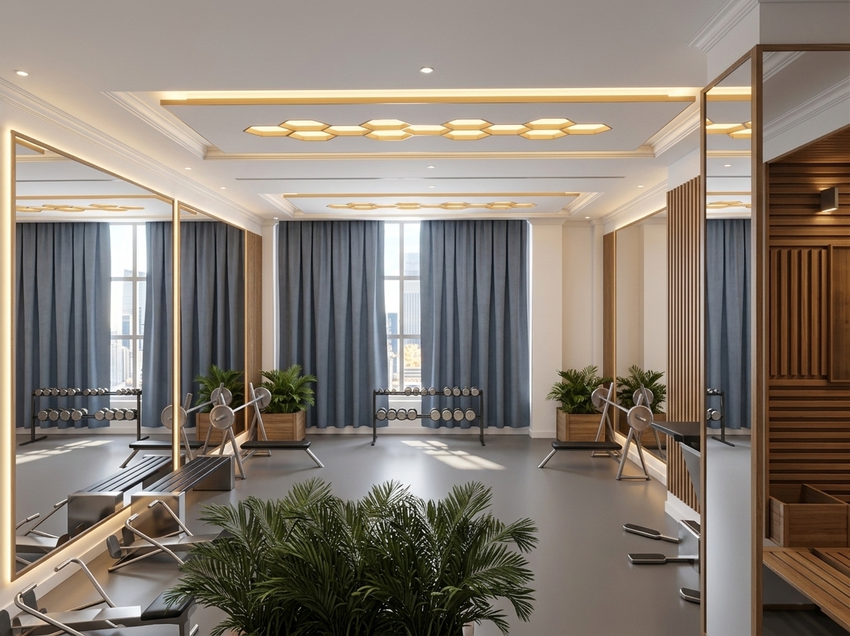 An incredibly lifelike, richly detailed, photorealistic eye-level interior shot of a modern fitness gym set in a high-end corporate office environment during a bright summer midday. The scene is illuminated by gentle daylight filtering through tall windows combined with ambient concealed ceiling cove lighting, warm edge-lit LED strips flanking the expansive wall mirrors, and glowing golden hexagonal honeycomb ceiling motifs, creating a vibrant, clean, and motivating atmosphere. Captured with a wide-angle 24mm tilt-shift architectural lens, emphasizing the smooth texture of the neutral grey linoleum flooring, the warmth of vertical timber-slat wall panels, and the lush, photorealistic fronds of potted indoor palms. Perfectly arranged workout benches, polished chrome barbells, and sleek exercise equipment stand meticulously composed against pristine white walls framed with classic crown mouldings, while glimpses through the heavy slate-blue drapes reveal a sunlit, sophisticated corporate backdrop outside.
