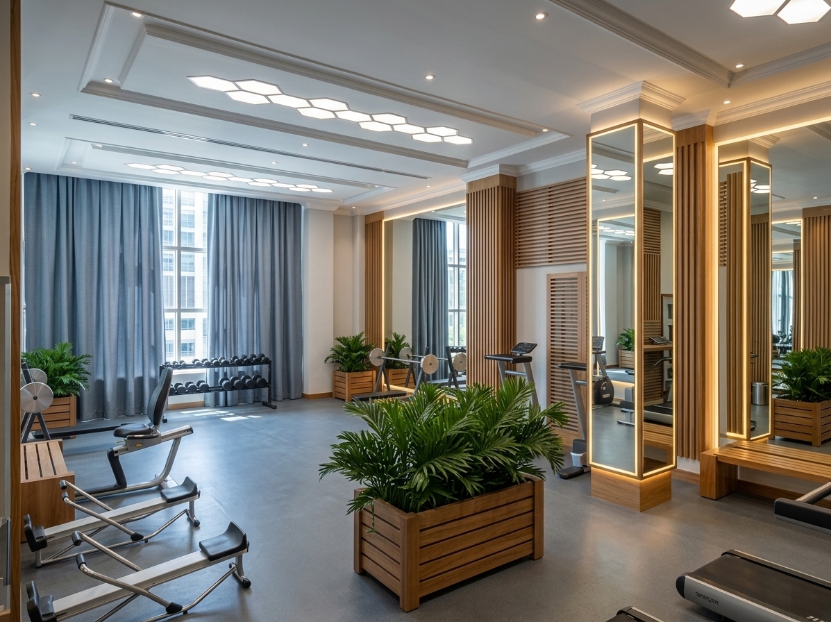 An incredibly lifelike, richly detailed, photorealistic wide-angle interior shot of a modern corporate fitness gym set in a high-end office complex during a bright summer midday. The scene is illuminated by crisp, natural daylight filtering through floor-to-ceiling windows alongside warm concealed cove lighting, flush-mounted spotlights, and perimeter LED strip backlighting around large mirror panels, creating an invigorating and tranquil minimalist atmosphere. Captured with an architectural wide-angle lens at eye level, emphasizing the seamless matte texture of the slate-grey linoleum flooring, fine grain on the vertical and horizontal natural wood slat accents, and the organic vibrancy of realistic potted areca palms in warm timber planters. The crisp white gypsum ceiling features recessed geometric honeycomb light fixtures framed by classic moulded crown cornices, while contemporary chrome and matte-black exercise equipment, mirror-clad pillars, and a soft glimpse of adjacent office towers through the tailored blue-grey drapery establish an elevated, professional wellness sanctuary.