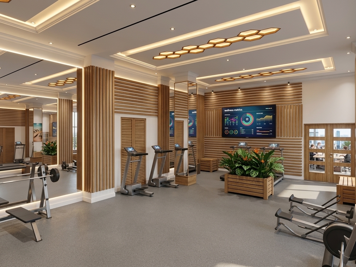 An incredibly lifelike, richly detailed, photorealistic wide-angle interior shot of a sophisticated fitness gym set in a modern corporate office building. The scene is illuminated by bright midday summer sunlight filtering through glass-paneled doors, beautifully balanced by concealed warm LED cove lighting, recessed ceiling spotlights, and glowing amber honeycomb motifs inset into the pristine white gypsum board ceiling, creating an inviting and energizing minimalist haven atmosphere. Captured with a high-end full-frame architectural camera and a 24mm wide-angle lens, emphasizing the fine natural grain of the vertical and horizontal timber slat wall cladding, the durable matte texture of the seamless grey linoleum floor, and the crisp detailing of the classic white molded cornices. Expansive wall mirrors feature sleek edge strip lighting that reflects the spacious layout, showcasing impeccably finished gym equipment—from steppers and rowing machines to a dedicated bench press area. A lush, vibrant cluster of indoor tropical plants in a ribbed oak planter adds organic vitality, while a sleek wall-mounted display screen enlivens the space, all framed by elegant double doors offering a subtle glimpse into the bustling corporate office beyond.