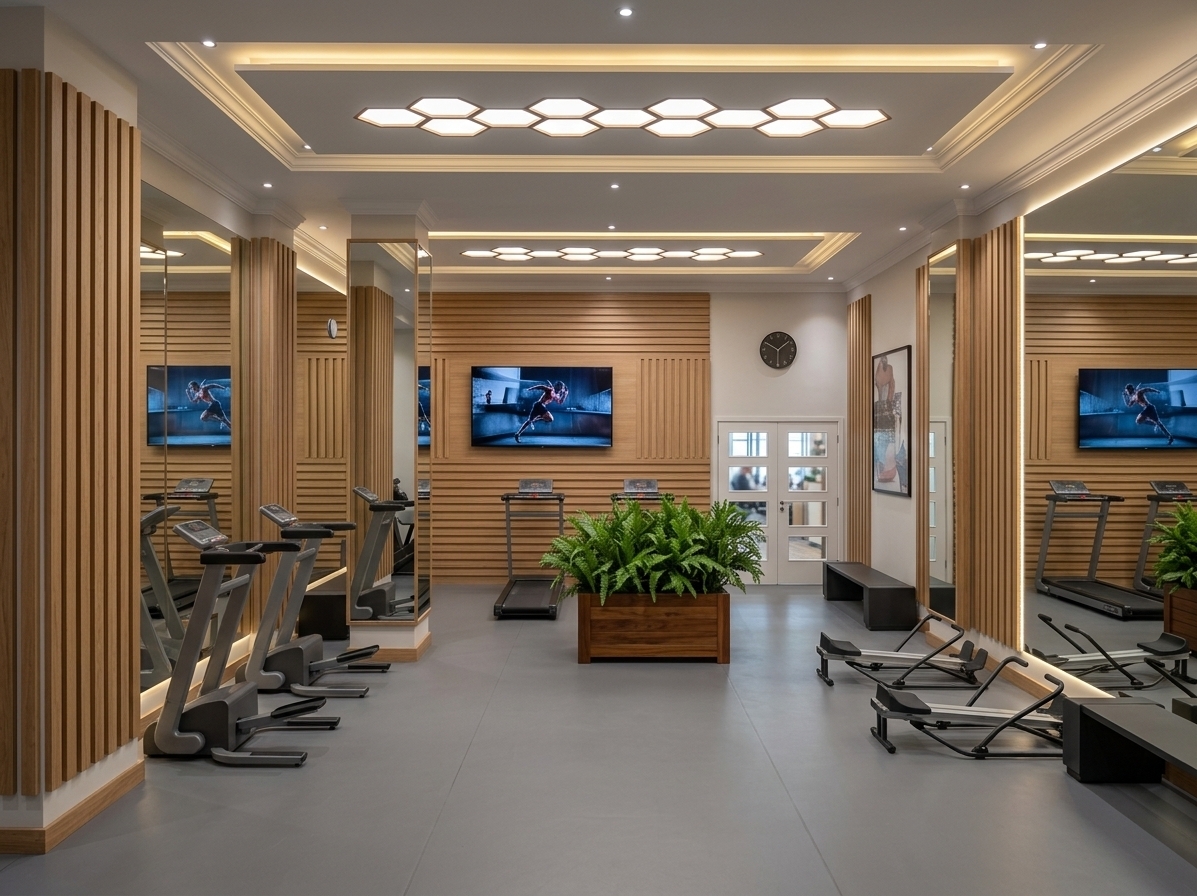 An incredibly lifelike, richly detailed, photorealistic wide-angle interior shot of a contemporary corporate wellness gym set in a modern office environment. The scene is illuminated by crisp recessed ceiling spotlights, warm concealed cove lighting within geometric honeycomb motifs, and refined LED strip backlighting framing the expansive wall mirrors, creating a bright, energizing, and sophisticated atmosphere. Captured with a professional 24mm architectural lens, emphasizing the fine organic grain of vertical timber slat accents, the matte finish of seamless grey acoustic linoleum flooring, and pristine molded ceiling cornices. Modern cardiovascular machines, treadmills, and rowing stations flank the open workout zone with clean precision, while a central rich-wood planter flourishes with lush, photorealistic ferns and greenery. A sleek flat-screen display mounted against horizontal wood paneling showcases dynamic athletic visuals, and the rear frosted-glass double doors offer subtle glimpses into a bustling, sunlit office corridor, effortlessly anchoring this minimalist fitness haven within its corporate setting.