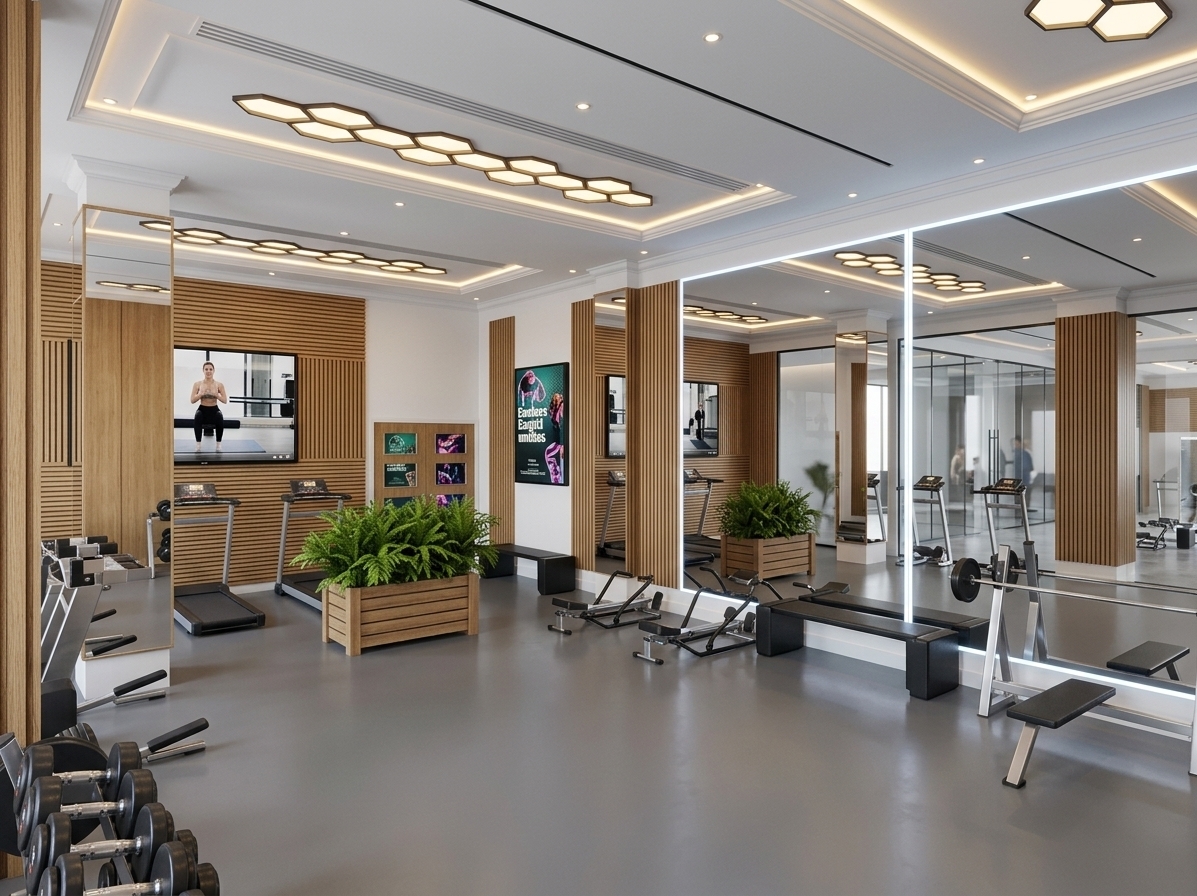 An incredibly lifelike, richly detailed, photorealistic wide-angle interior shot of a modern corporate wellness fitness gym set within a bustling commercial office setting. The scene is illuminated by a harmonious blend of crisp midday summer daylight and integrated warm LED cove lighting recessed along the ceiling and behind the expansive mirror panels, creating an energizing, clean, and sophisticated atmosphere. Captured with a high-end architectural full-frame camera and a 24mm tilt-shift lens, emphasizing the fine vertical wood grain slats, smooth matte grey linoleum flooring, and polished metallic workout equipment.

The interior showcases pristine white walls accented by elegant vertical warm oak slat paneling, complementing a tailored gypsum board ceiling complete with classic white molded cornices and illuminated hexagonal honeycomb motifs. Floor-to-ceiling mirrors framed with subtle backlit LED strips expand the perception of space, reflecting the professional-grade fitness equipment, including polished chrome treadmills, weight benches, and rubber-coated barbells. Lush, realistic indoor ferns flourish in warm timber planter boxes, adding a fresh biophilic touch, while the wall-mounted flat screens display vivid, high-resolution fitness imagery. Glimpses of a glass-partitioned office corridor in the background reinforce the refined workplace amenity aesthetic, completing a balanced, minimalist haven for wellness.