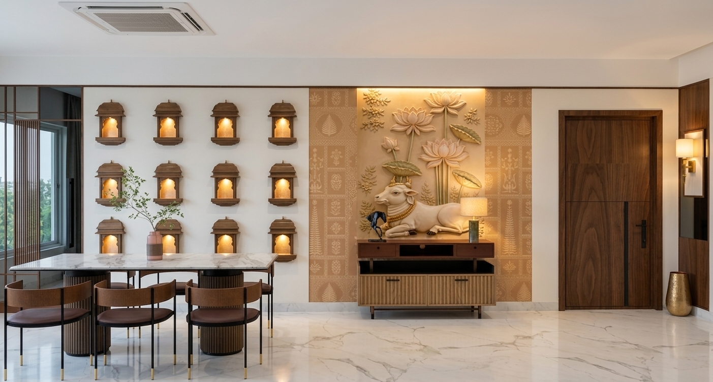 A straight-on interior architectural photograph of the room, preserving the exact layout, geometry, and placement of all elements. The ceiling is finished in clean matte white, while the floor features polished white Statuario marble with subtle grey veining softly reflecting the ambient light. Each decorative wall jharokha is individually illuminated with an embedded warm spotlight casting focused glows within its niche. The bas-relief cow and lotus mural is grazed by gentle warm cove lighting, highlighting its sculpted depth and texture. The credenza lamp and the wall sconce on the right are turned on, casting soft, warm interior light. Materials are rendered with natural realism, showing authentic wood grain on the door and fluted cabinetry, polished stone on the table, and delicate metallic sheens, all captured with balanced exposure and clean, sharp architectural photography optics.