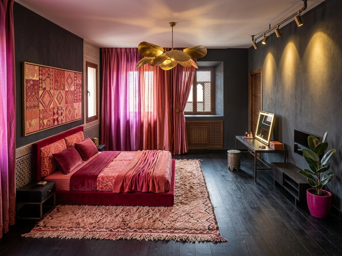 An incredibly lifelike, richly detailed, photorealistic wide-angle interior photograph of an exotic Moroccan mystique bedroom set in a luxurious modern residence. The scene is illuminated by the warm ambient glow of an organic brass ceiling pendant, directional track lighting casting dramatic golden beams against charcoal walls, and diffused daylight through rich magenta and terracotta silk drapery, creating a sensual, vibrant, and opulent atmosphere. Captured with a high-end full-frame architectural camera and a 24mm tilt-shift lens, emphasizing rich tactile textures, intricately patterned surfaces, and dramatic contrasts. On the left, a plush platform bed in crimson velvet and coral textiles rests over an ultra-soft textured area rug, framed by a vibrant geometric canvas in shades of warm reds, pinks, and golds. The dark ebony-stained plank floors reflect soft highlights, leading the eye toward a sleek dark metal vanity with an illuminated mirror, a low-profile media console, and a lush green potted plant nestled in a bold magenta pot, seamlessly marrying Middle Eastern allure with refined contemporary design.