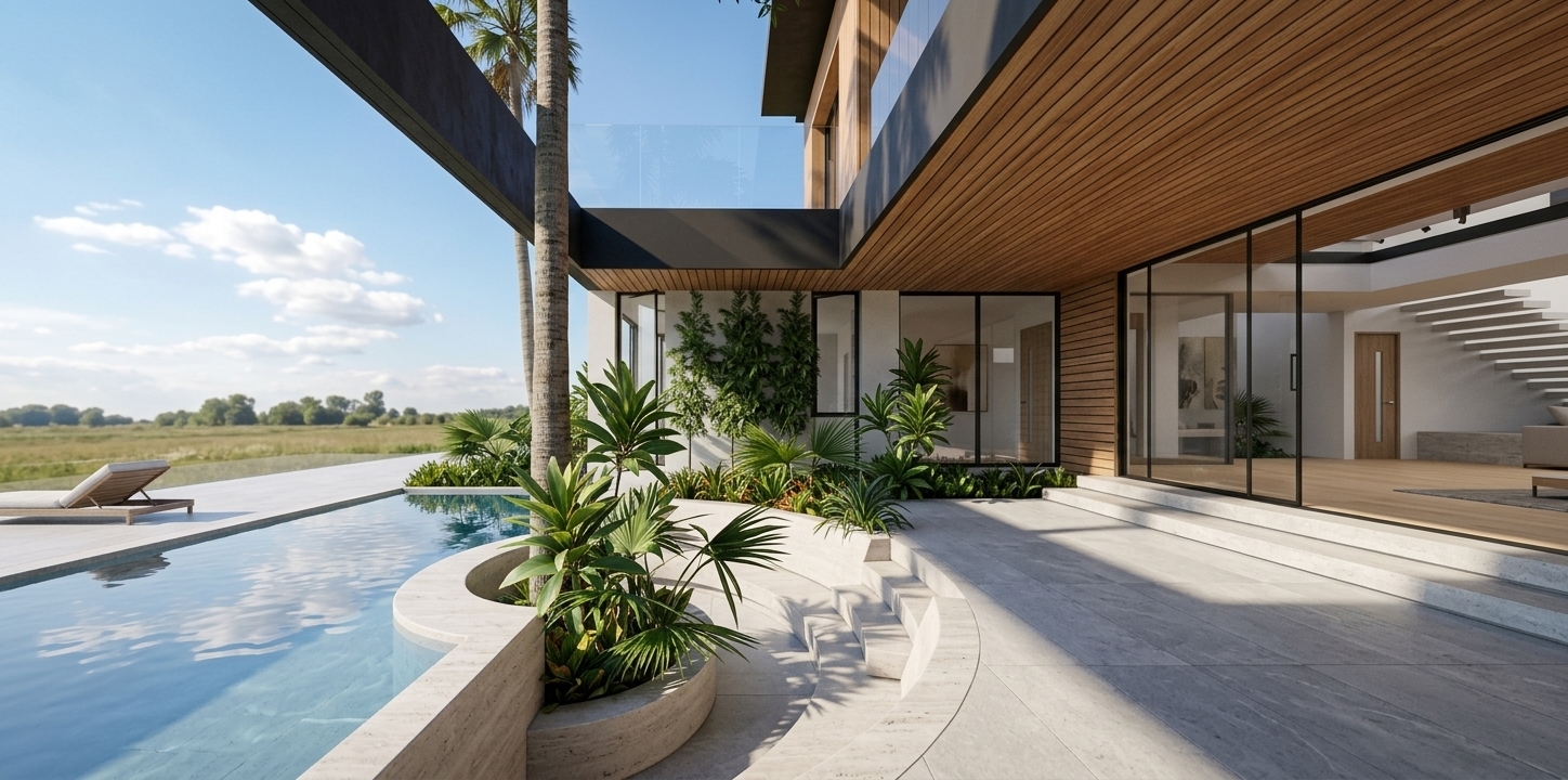 An incredibly lifelike, richly detailed, photorealistic wide-angle architectural exterior shot of a luxury modern villa patio and courtyard set in an expansive, sun-drenched rural landscape. The scene is illuminated by bright midday summer sunlight that casts crisp, dramatic geometric shadows beneath deep dark-clad eaves, creating a tranquil and sophisticated digital Zen atmosphere. Captured with a wide-angle architectural tilt-shift lens, emphasizing the smooth, stepped travertine textures of the sculptural sunken lounge, the crystalline reflections of the adjoining swimming pool, and the warm slatted timber soffits overhead. Sleek floor-to-ceiling glass facade panels connect the minimalist interior to the pristine open-air terrace, while lush tropical foliage and a slender palm rise seamlessly through an open structural roof cutout toward the clear blue sky.