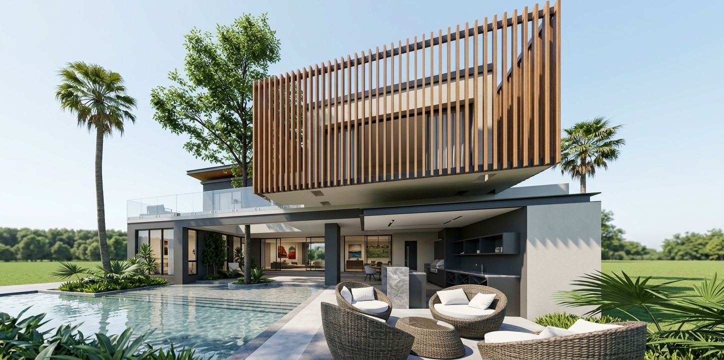 An incredibly lifelike, richly detailed, photorealistic wide-angle architectural photograph of a luxurious modern villa's exterior set in a serene, sun-drenched landscape. The scene is illuminated by bright midday summer sunlight and crisp ambient skylight, creating an open, tranquil, and sophisticated atmosphere. Captured with a professional architectural tilt-shift lens, emphasizing the fine grain of vertical timber louvers, smooth charcoal and off-white stucco walls, crystal-clear glass railings, and reflective pool waters. 

The two-story residence seamlessly blends streamlined modernism with organic warmth, highlighted by a dramatic, cantilevered upper volume clad in a rhythmic screen of vertical wooden slats. Below, an open-concept indoor-outdoor terrace features a sleek built-in outdoor kitchen with charcoal cabinetry and stone countertops, flowing effortlessly into an inviting patio outfitted with sculpted woven lounge seating and crisp white cushions. A shallow reflection pool hugs the foundation, beautifully integrating living foliage and a mature shade tree that rises through the terrace void against a backdrop of manicured lawns and towering palm trees.