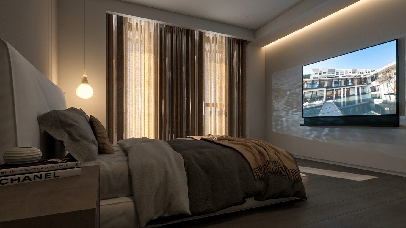 Photorealistic architectural interior photograph capturing the exact bedroom scene with preserved geometry and layout, illuminated by warm, soft cove lighting and the glowing teardrop pendant. The wall-mounted television screen is rendered slightly brighter, casting a crisp, gentle luminescence and subtle realistic reflection onto the adjacent wall. The bed linens, textured throw, and pillows display authentic fabric weave and micro-creases, while sheer curtains and matte walls show natural texture under balanced exposure, sharp focus, soft ambient contact shadows, and subtle camera grain.